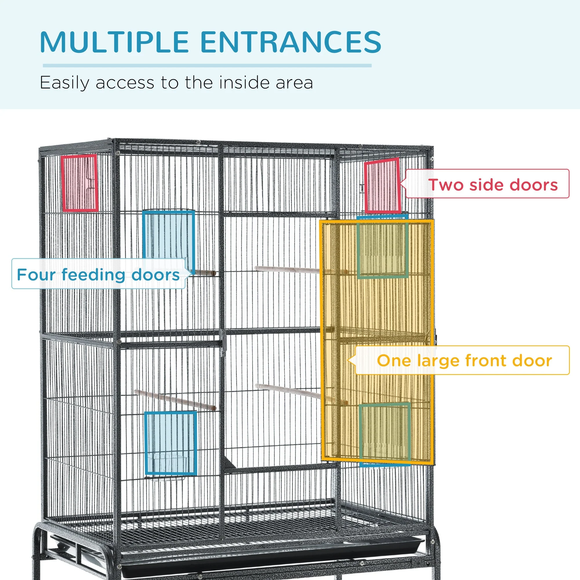 Grille 162cm Bird Cage Wheeled Grey & Black by Pawhut - Image 5
