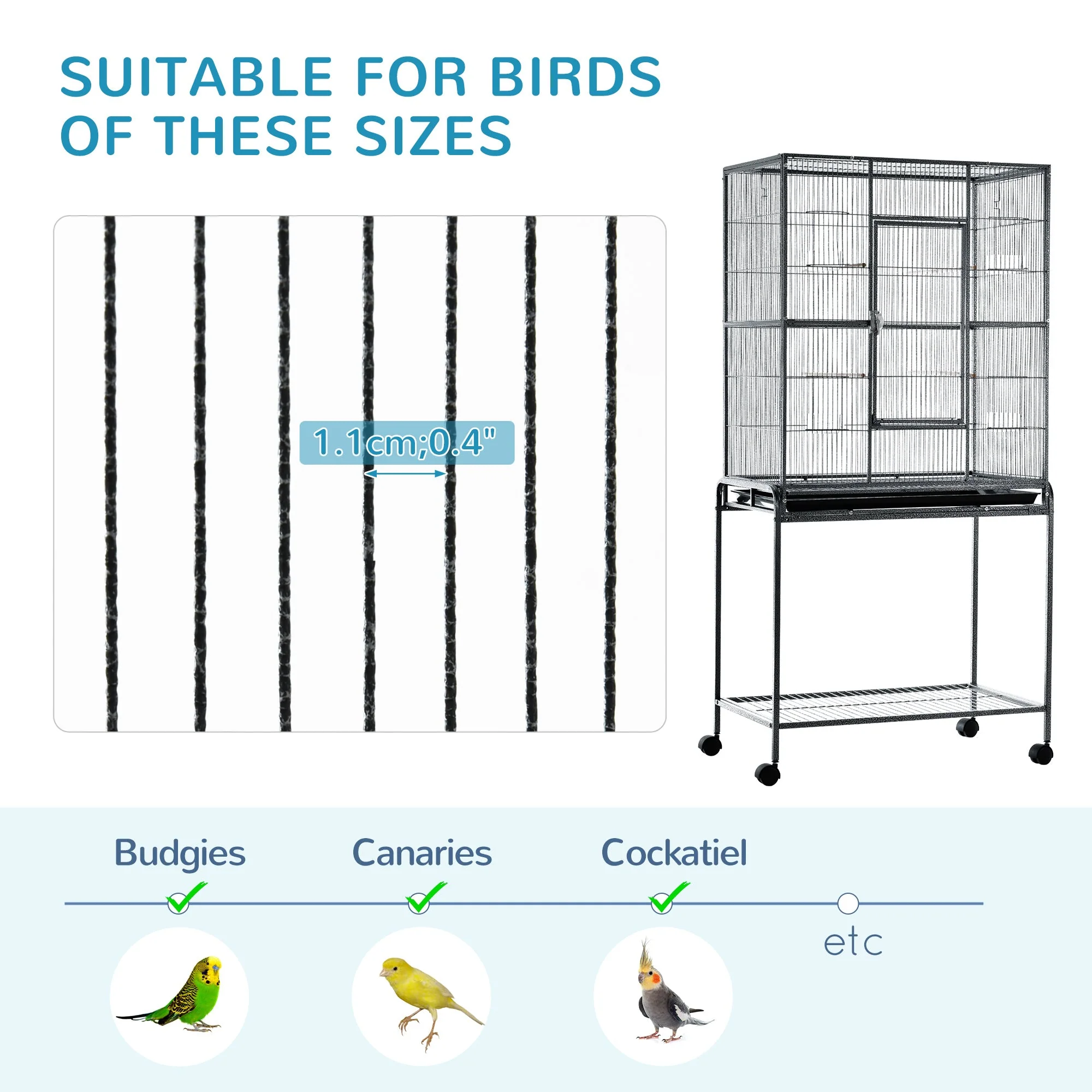 Grille 162cm Bird Cage Wheeled Grey & Black by Pawhut - Image 7
