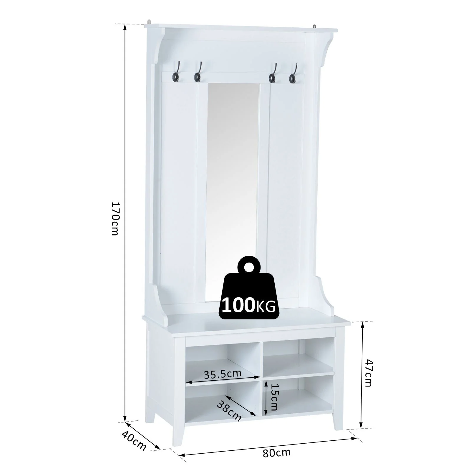 Hallway Furniture Set Shoe Bench Storage Mirror Cabinet Coat Rack Multiple Cubes Hangers Organiser Shelves w/ 4 Hooks - Image 3