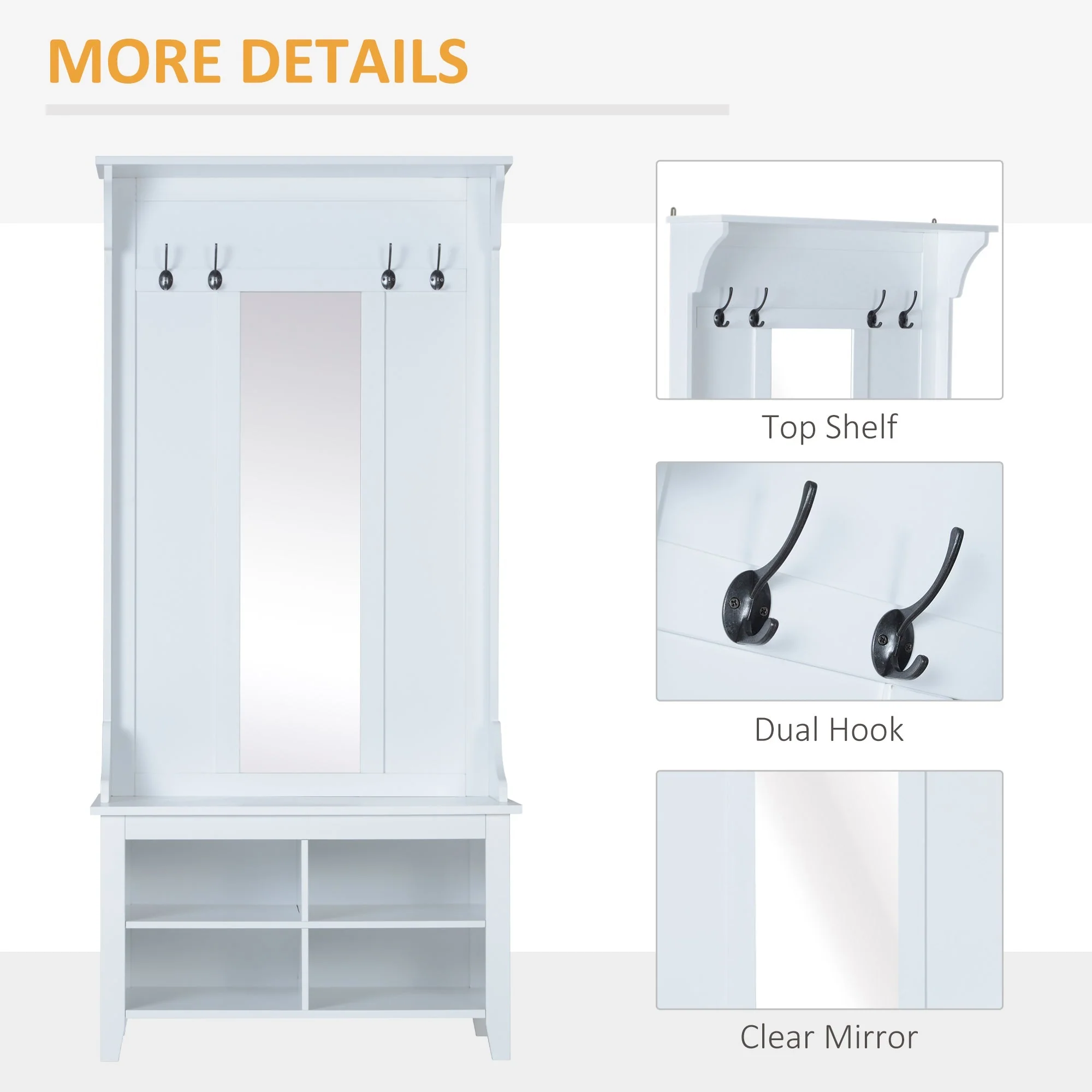 Hallway Furniture Set Shoe Bench Storage Mirror Cabinet Coat Rack Multiple Cubes Hangers Organiser Shelves w/ 4 Hooks - Image 6