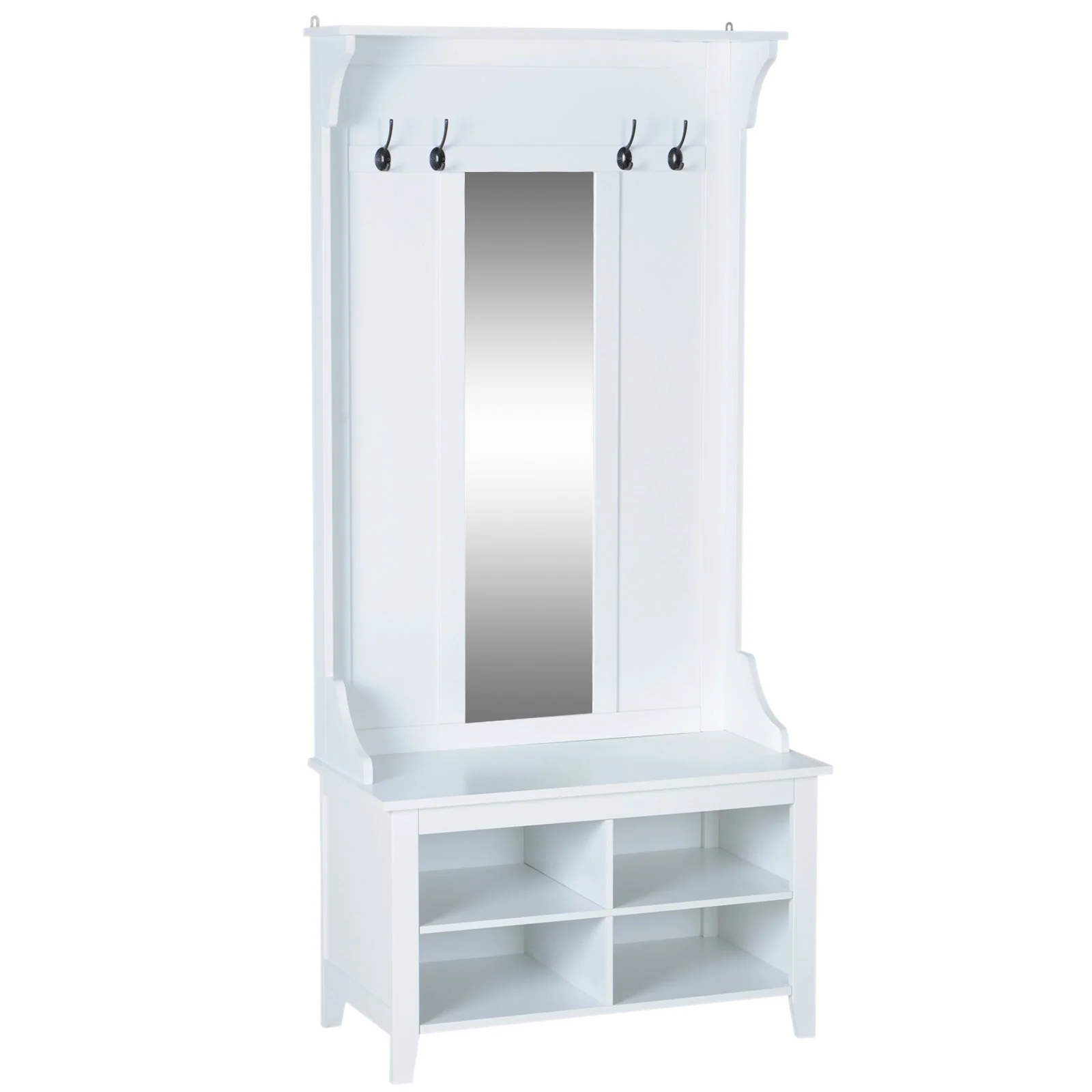 Hallway Furniture Set Shoe Bench Storage Mirror Cabinet Coat Rack Multiple Cubes Hangers Organiser Shelves w/ 4 Hooks - Image 9