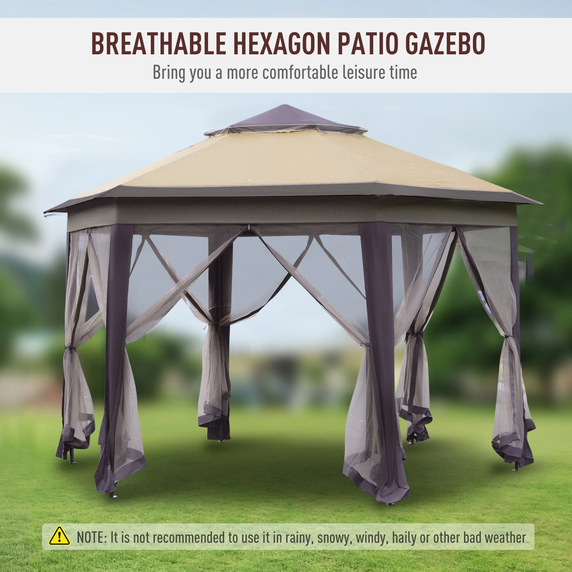 Hexagon Patio Gazebo Pop Up Gazebo Outdoor Double Roof Instant Shelter with Netting - Image 4