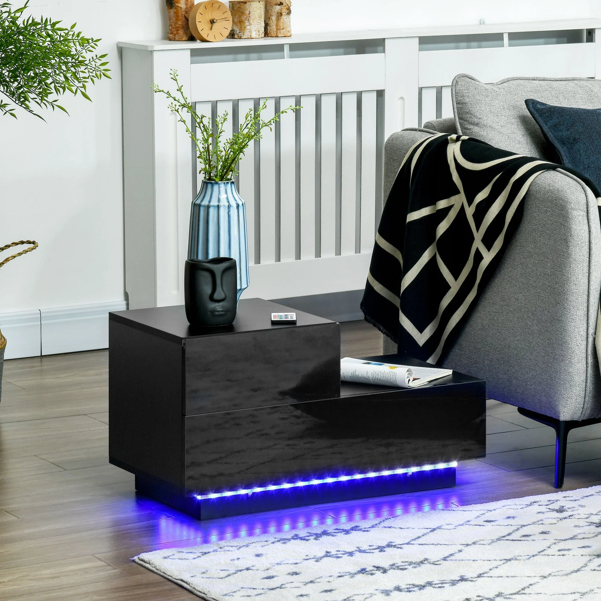 High Gloss Front Bedside Table with Drawers Nightstand with RGB LED Light and Remote for Bedroom Living Room Black - Image 2