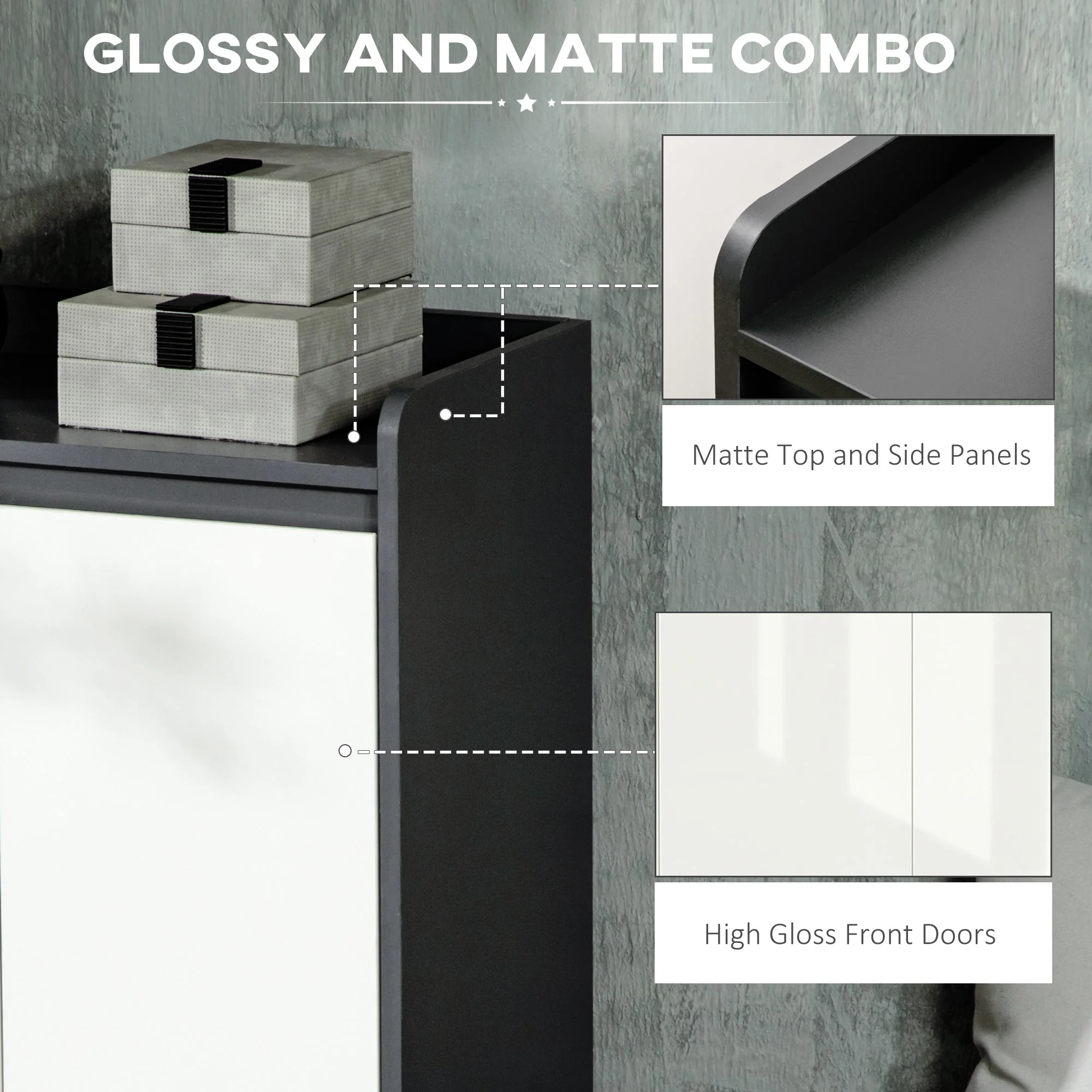 High Gloss Shoe Cabinet with White Doors and Open Shelves - Image 4