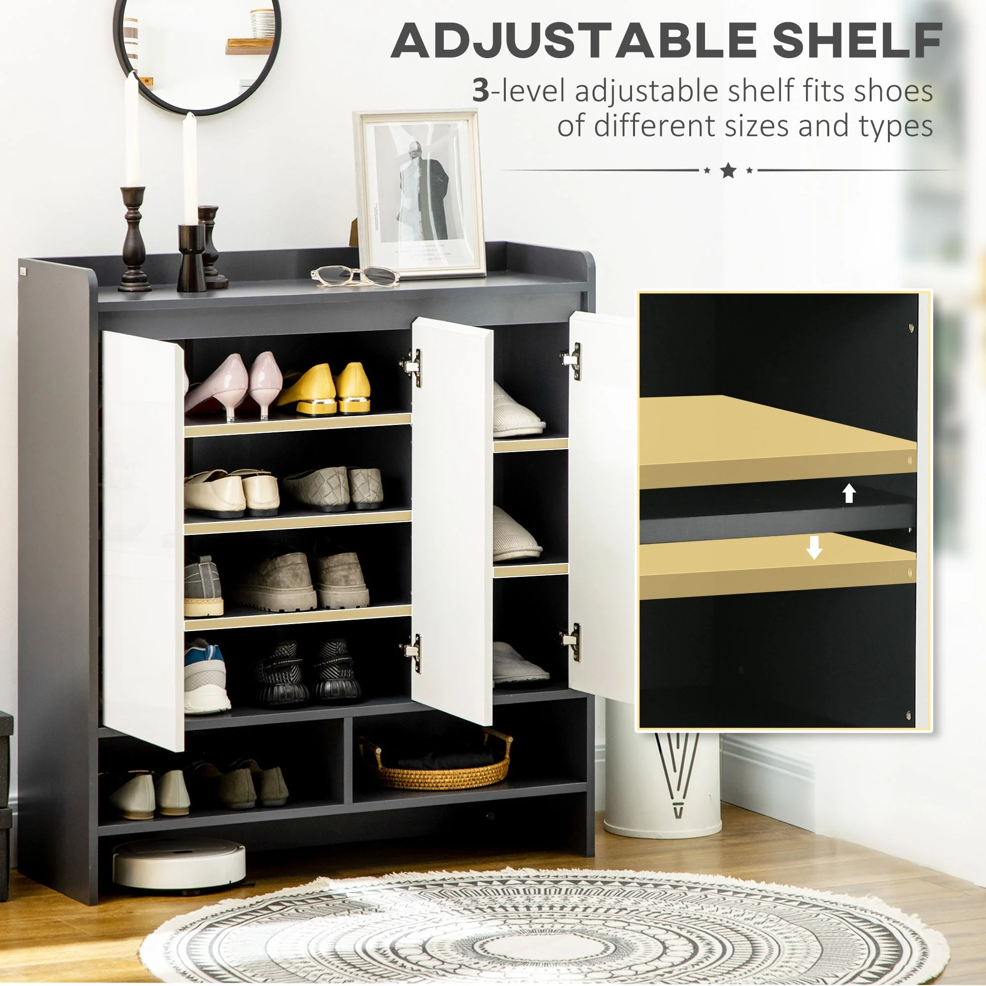 High Gloss Shoe Cabinet with White Doors and Open Shelves - Image 5