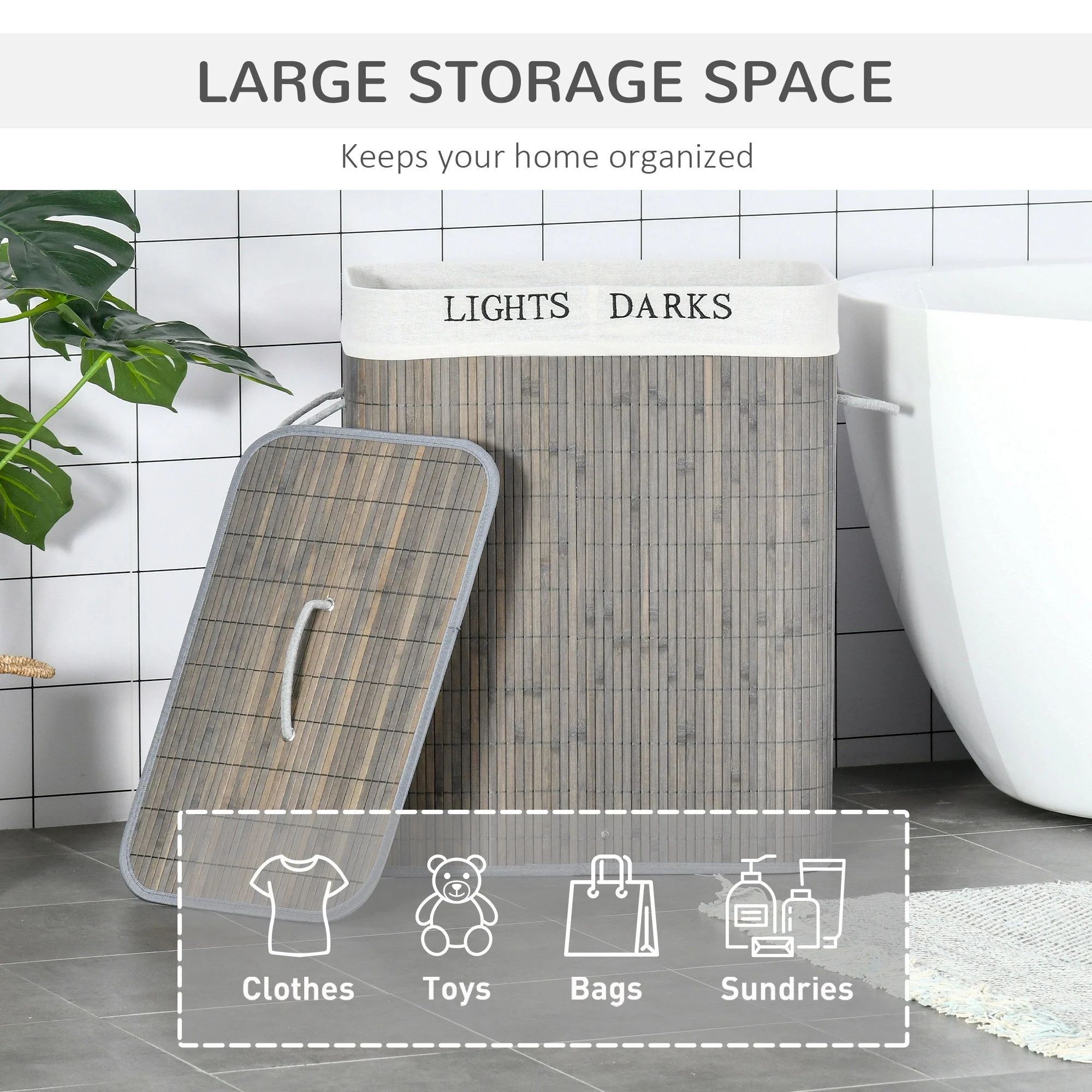 Homcom 100L Two-Compartment Wooden Laundry Basket With Flip Lid And Handles ? Grey - Image 4