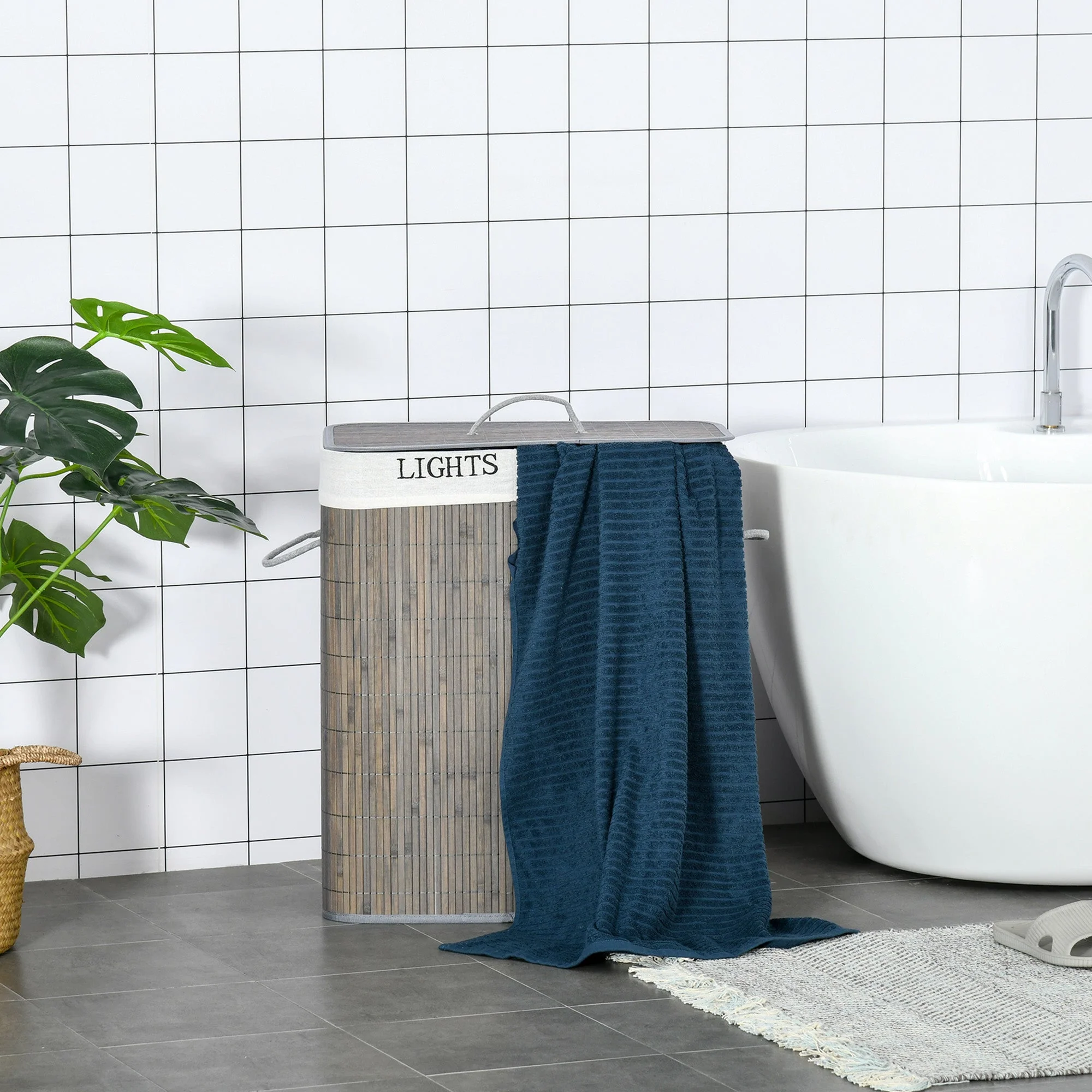 Homcom 100L Two-Compartment Wooden Laundry Basket With Flip Lid And Handles ? Grey - Image 8