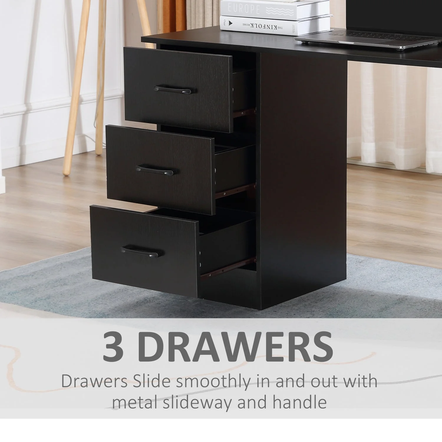 Homcom 120cm Computer Desk With Storage Shelves Drawers Writing Table Study Workstation For Home Office Black - Image 3