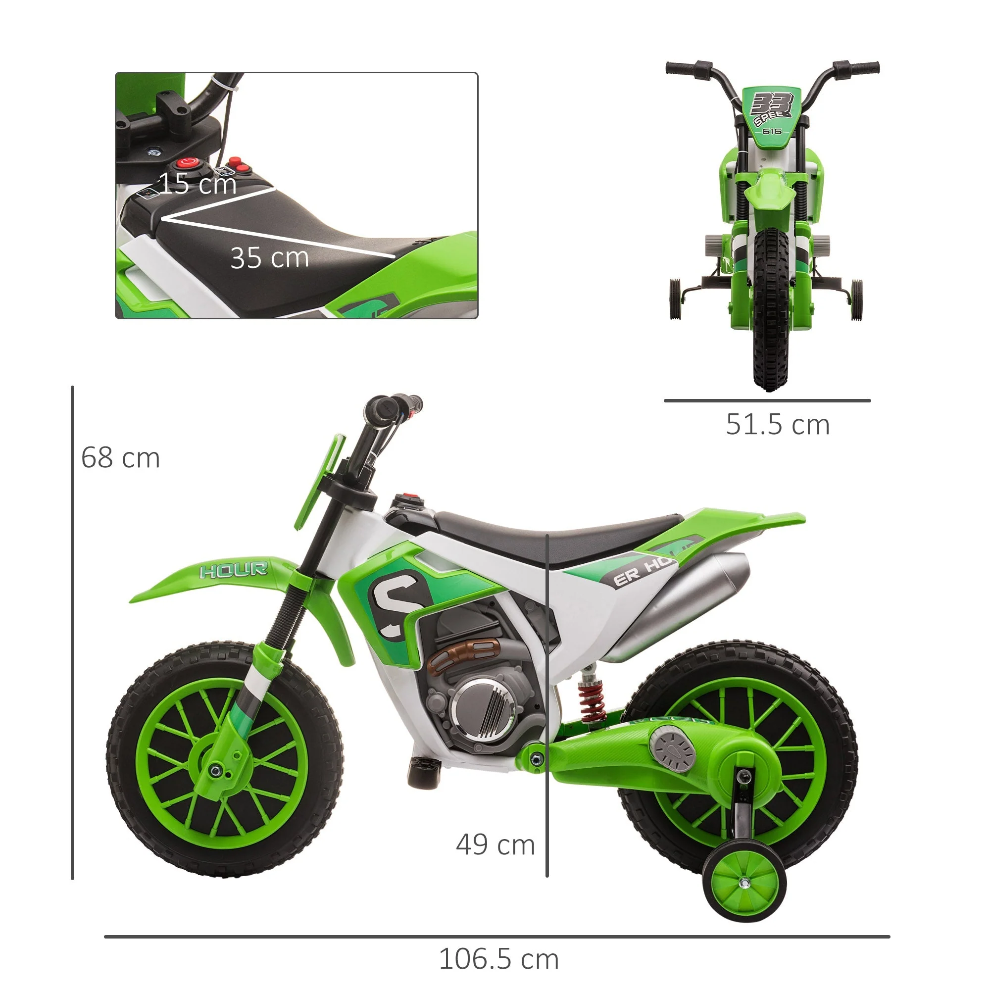 Homcom 12V Kids Electric Motorcycle Ride-On With Training Wheels For Ages 3-5 Years - Green - Image 3