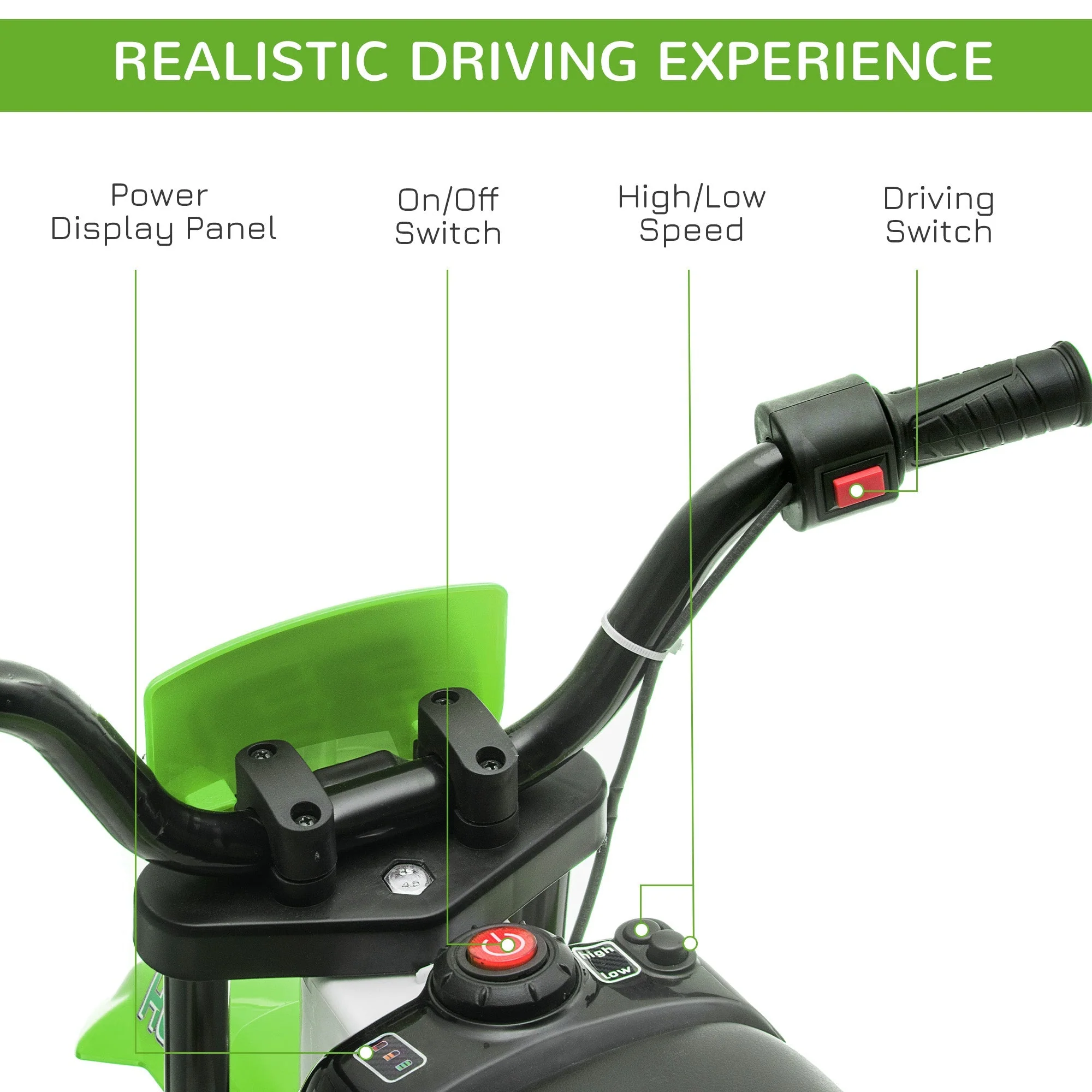 Homcom 12V Kids Electric Motorcycle Ride-On With Training Wheels For Ages 3-5 Years - Green - Image 5