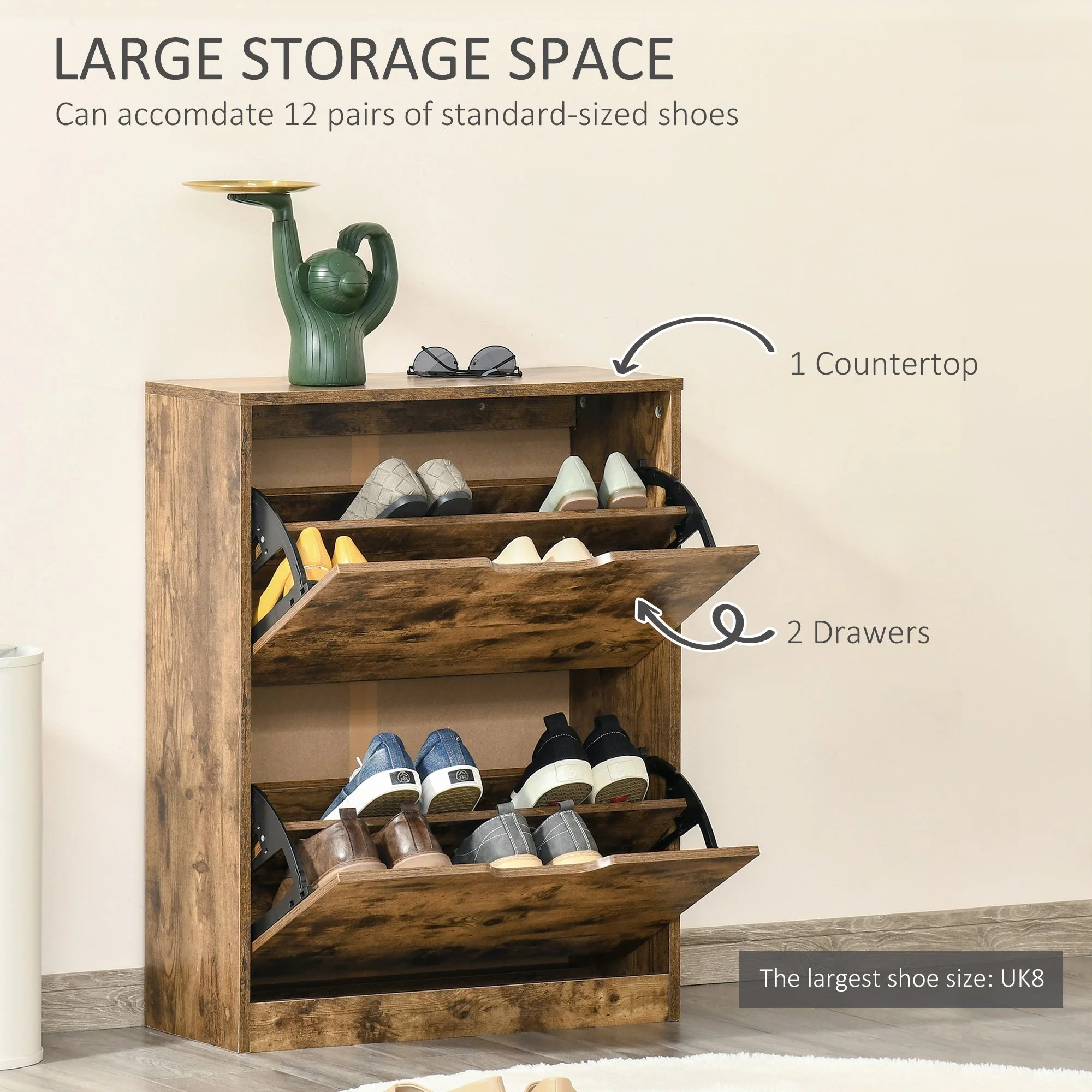 Homcom 2 Drawer Shoe Cabinet Industrial Shoe Cupboard With Flip Doors Rustic Brown - Image 3
