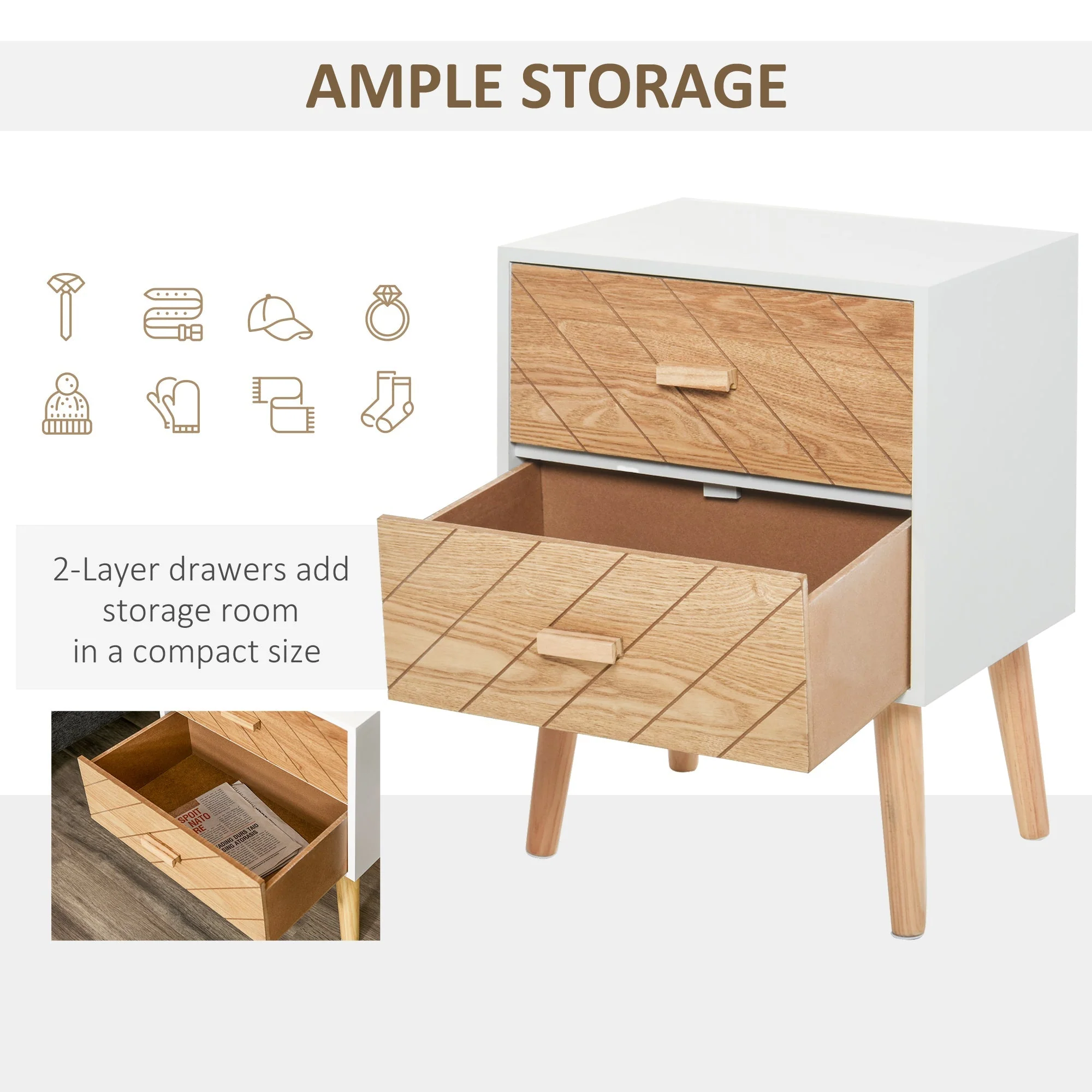Homcom 2 Drawers Bedside Table With Pine Legs Bedroom Wooden Storage Cabinet Natural - Image 4