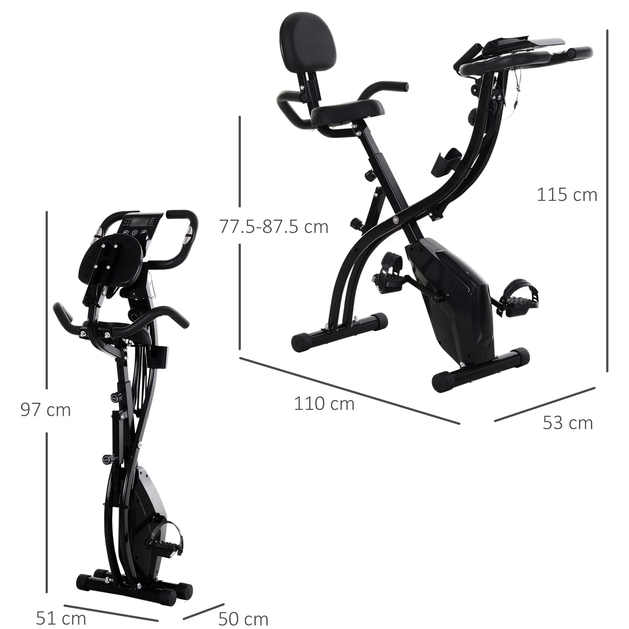 Homcom 2-in-1 Foldable Exercise Bike Recumbent Stationary Bike 8-Level Adjustable Magnetic Resistance with Pulse Sensor LCD Display - Image 3