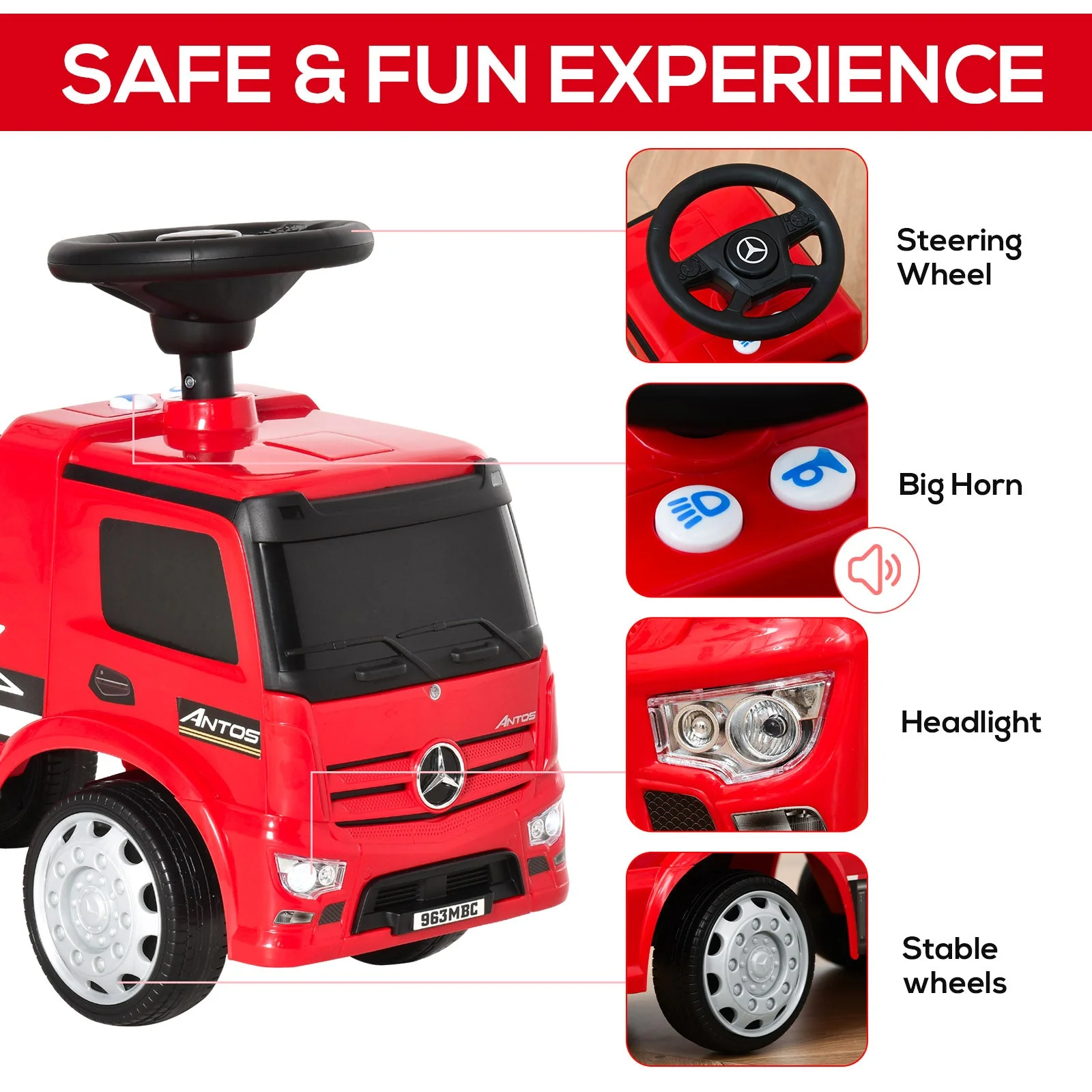 Homcom 3-In-1 Ride On Car Kids Mercedes Truck Storage Handle For 12 - 36 Months Red - Image 5