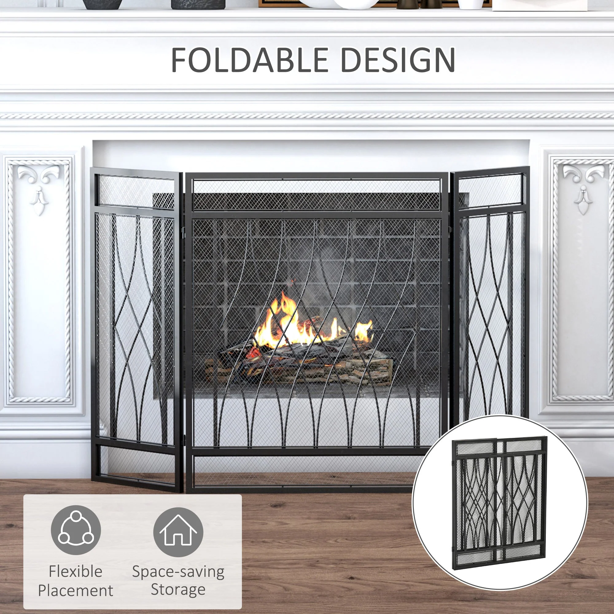Homcom 3-Panel Folding Fireplace Screen Home Metal Mesh Fire Spark Guard 126L X 3W X 80H cm-Black - Image 5