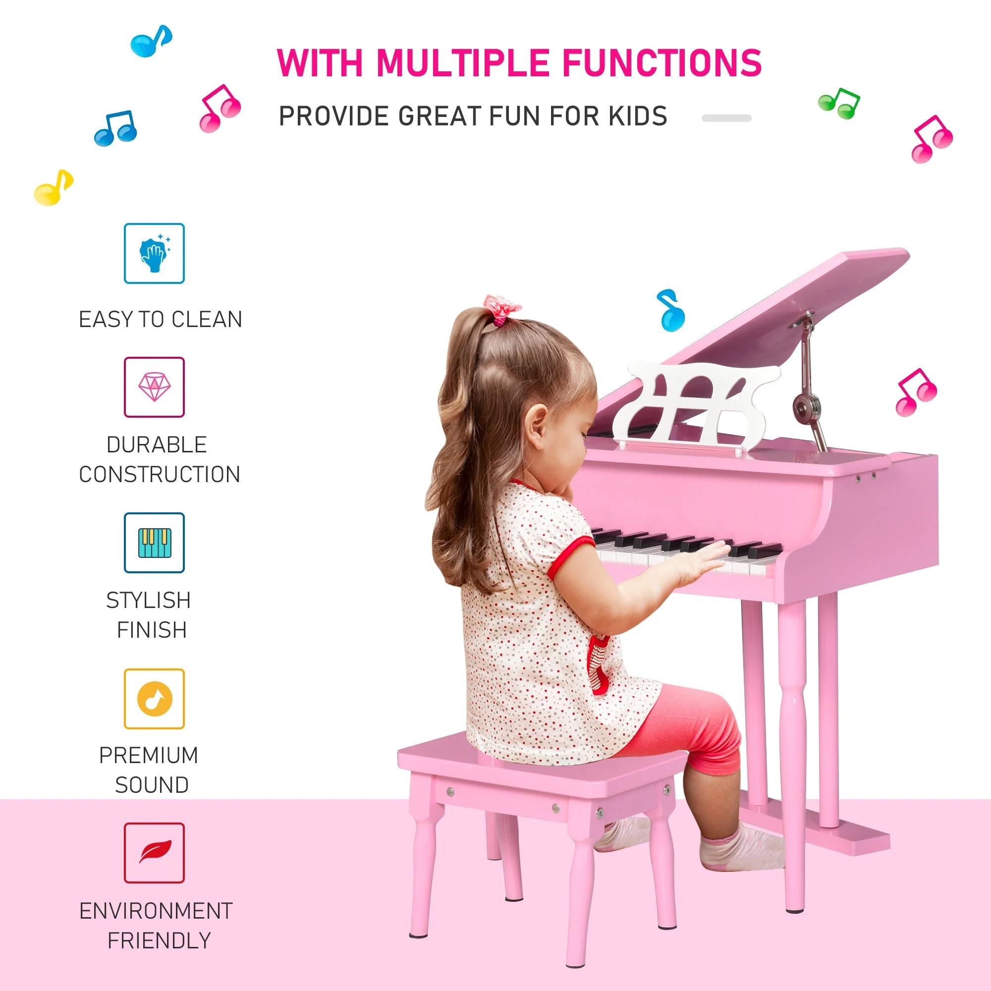 Homcom 30 Keys Mini Kids Piano For Child With Music Stand And Bench Best Gifts Toy - Image 7