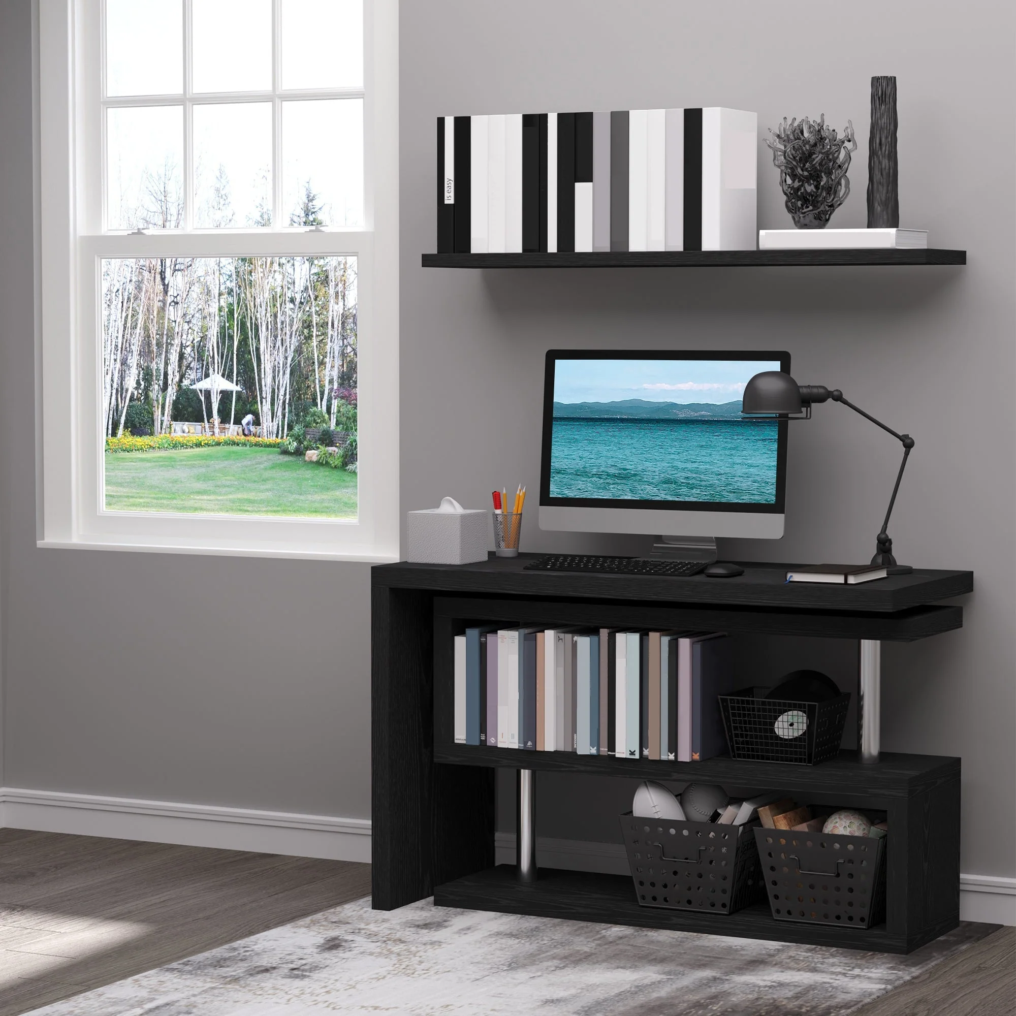 Homcom 360 Rotating L-Shaped Corner Computer Desk Home Office Writing Table Swivel Workstation With Storage Shelf - Image 6