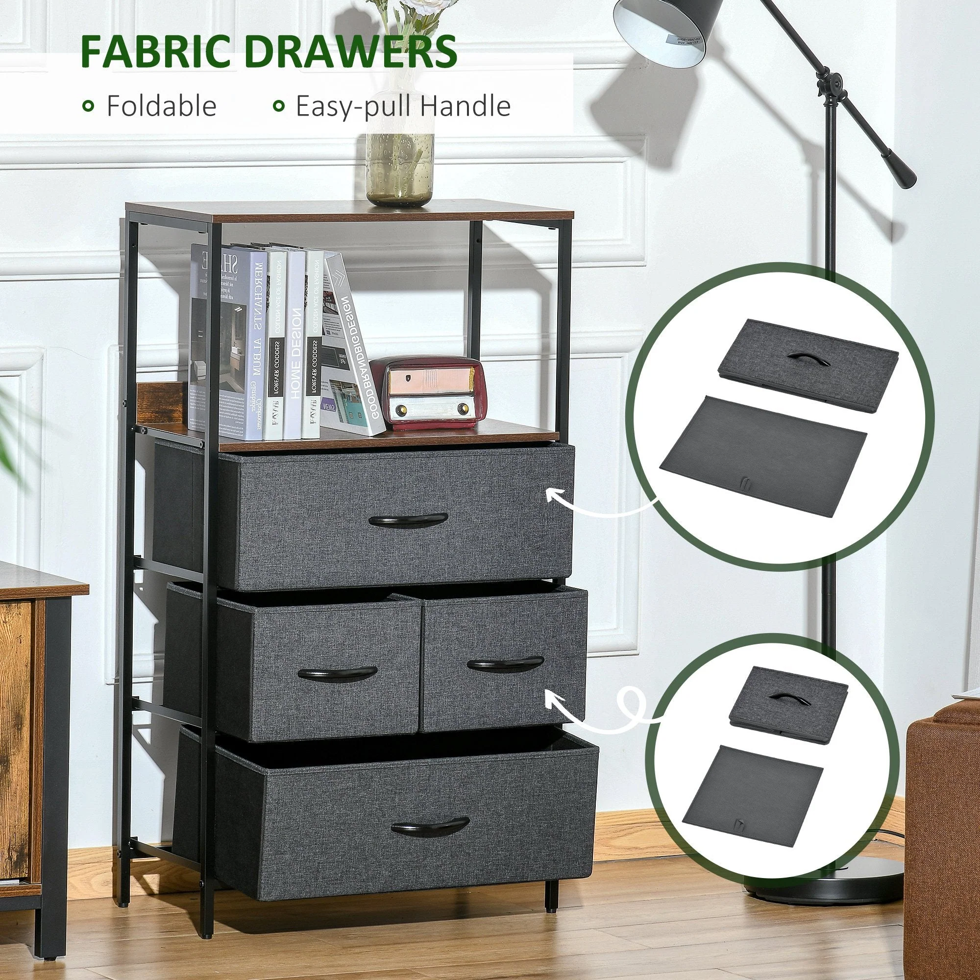 Homcom 4 Drawer Storage Chest Unit Home Cabinet With Shelves Home Living Room Bedroom Entryway Living Furniture Black - Image 5