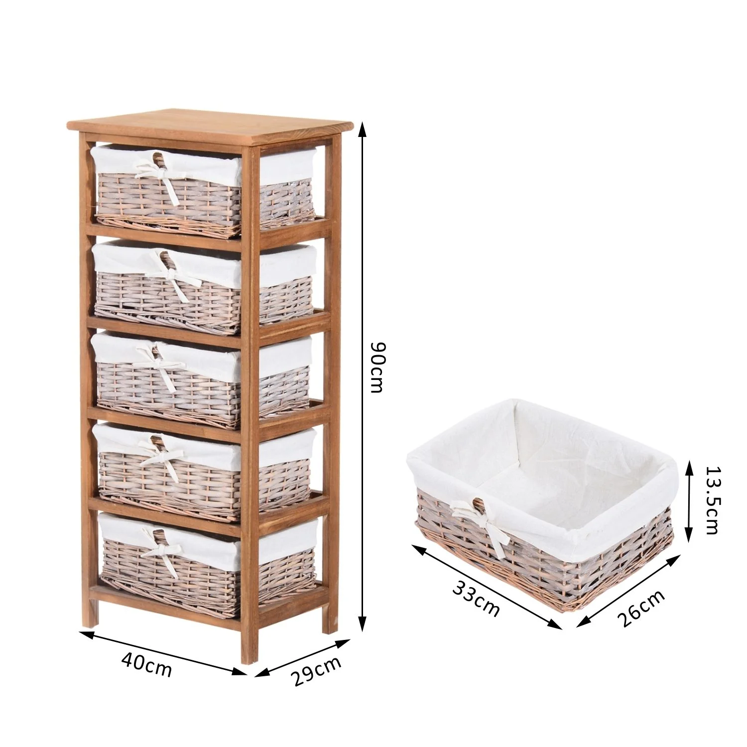 Homcom 5 Drawer Dresser Wicker Basket Storage Shelf Unit Wooden Frame Home Organisation Cabinet Bedroom Office Furniture Natural Finish 90x40cm - Image 2