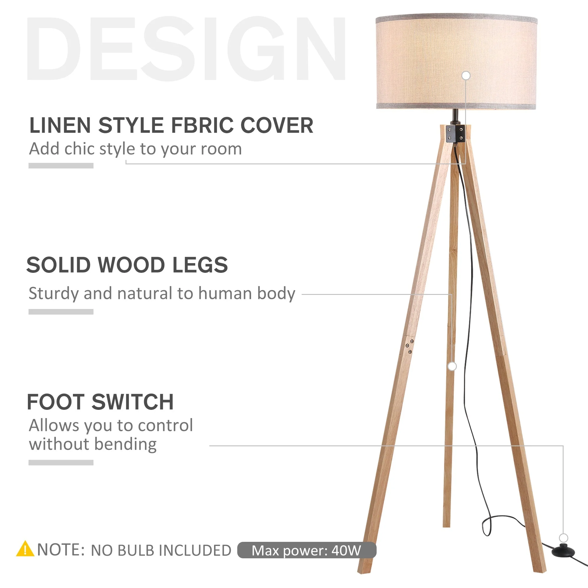 Homcom 5Ft Elegant Wood Tripod Floor Lamp Free Standing E27 Bulb Lamp Versatile Use For Home Office - Beige - Image 4