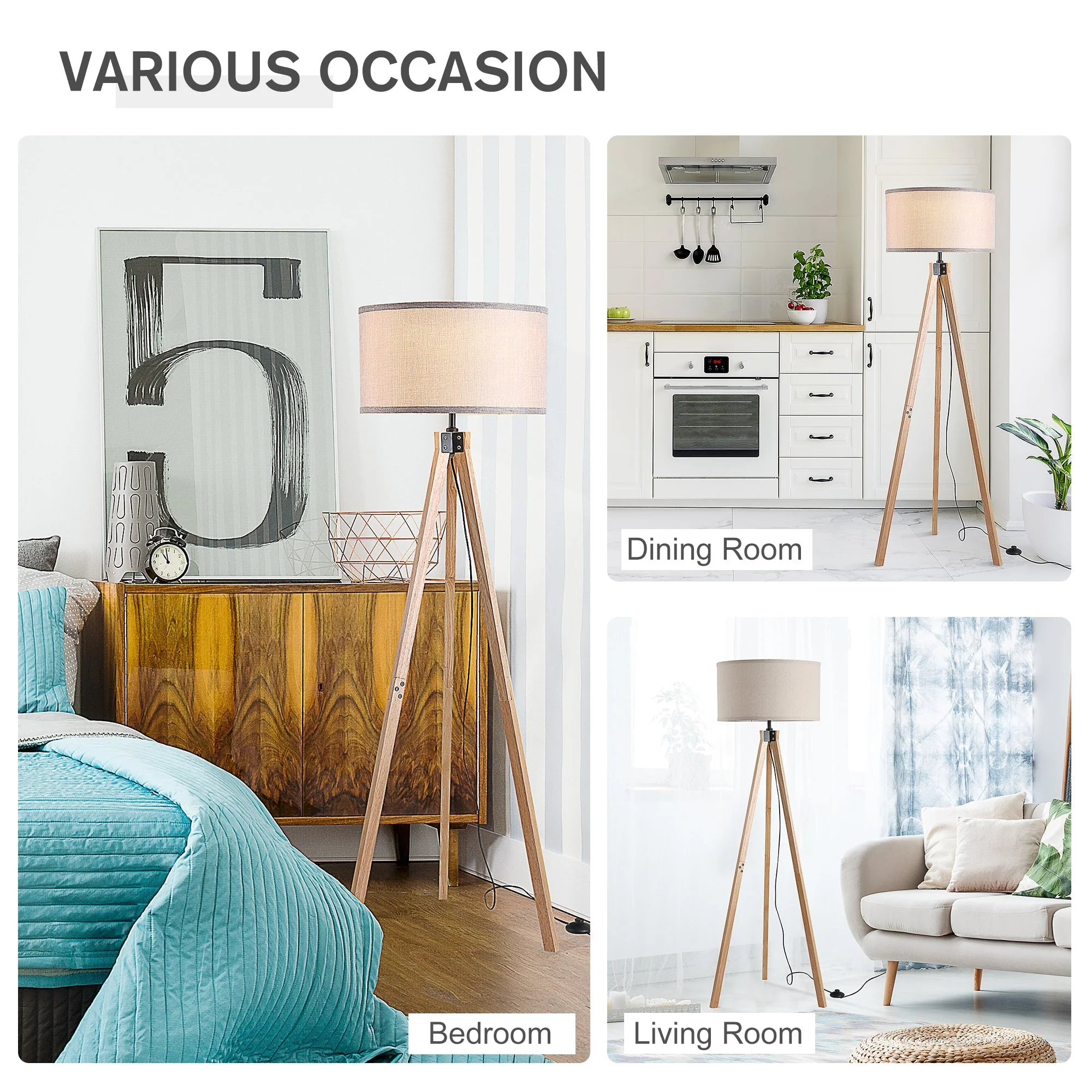 Homcom 5Ft Elegant Wood Tripod Floor Lamp Free Standing E27 Bulb Lamp Versatile Use For Home Office - Beige - Image 5