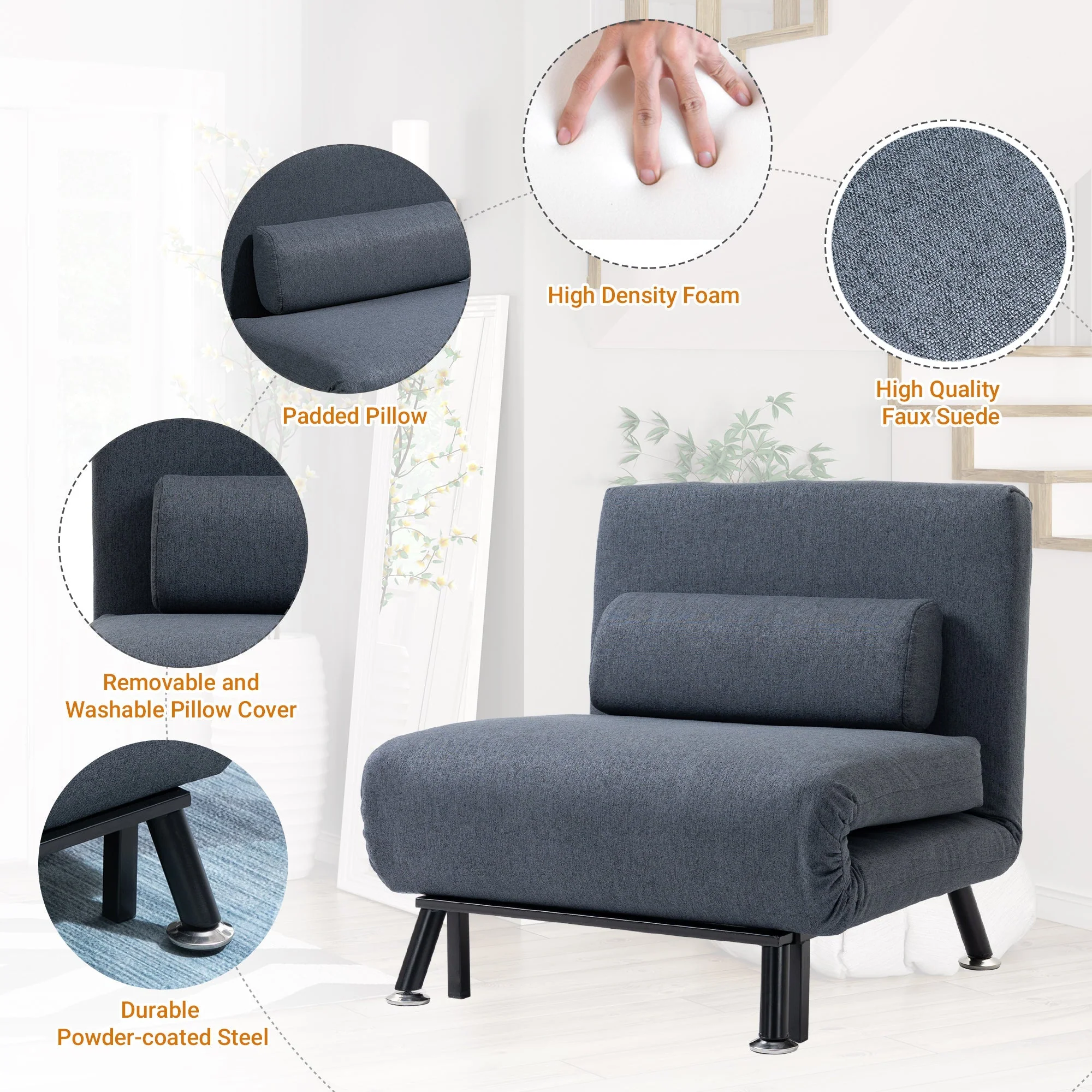 Homcom Adjustable Back Futon Sofa Chair - Dark Grey - Image 6