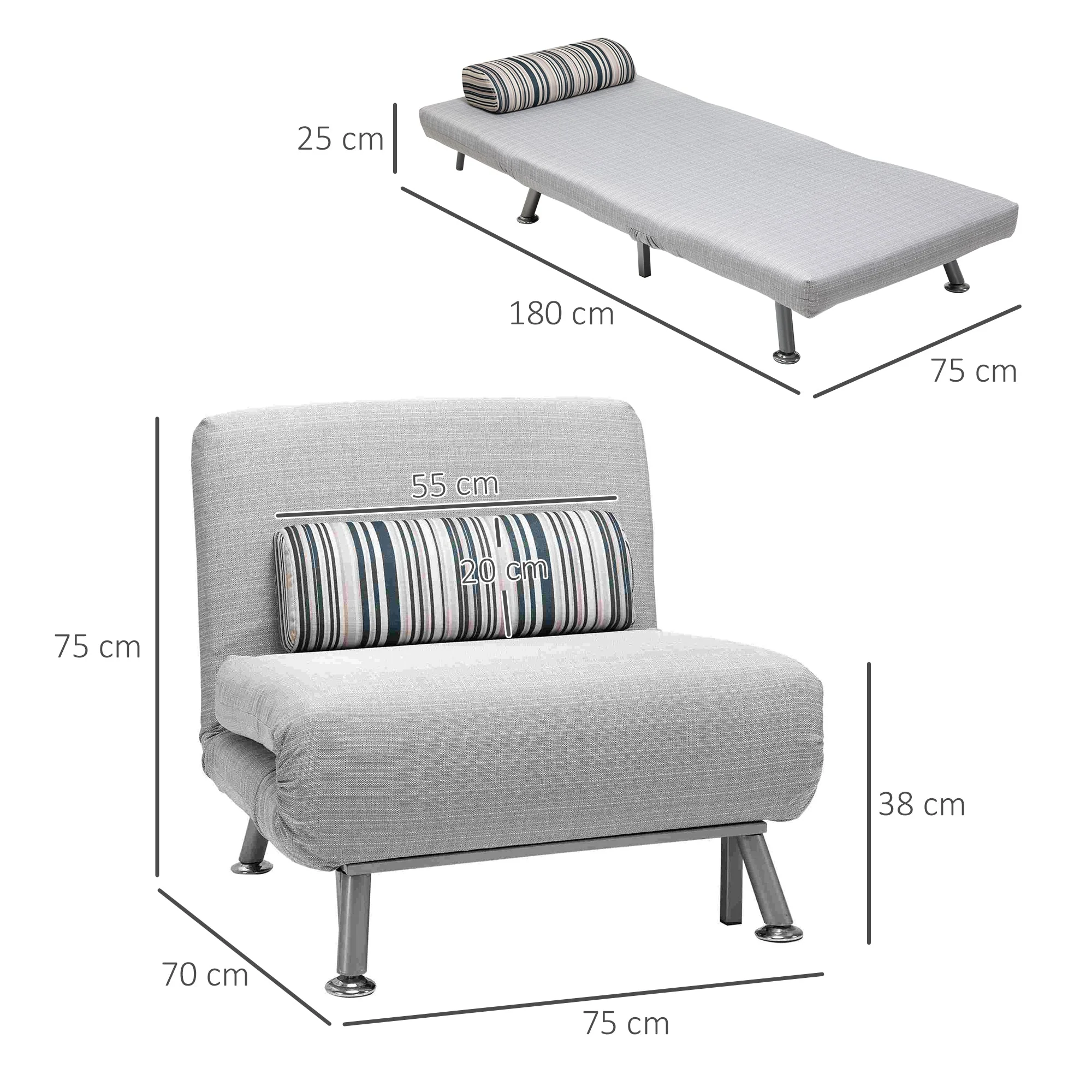 Homcom Adjustable Back Futon Sofa Chair - Grey - Image 3