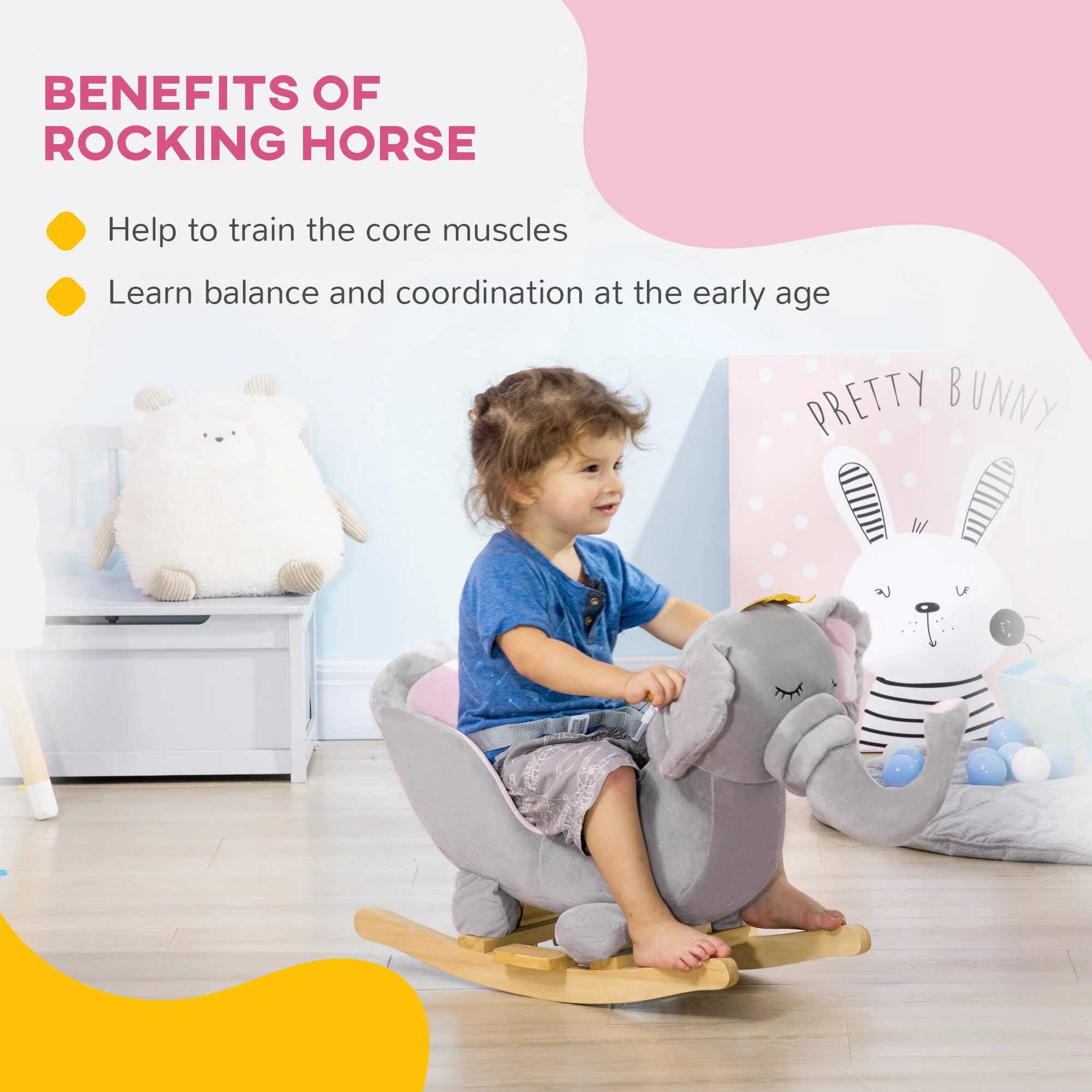 Homcom Baby Rocking Horse Elephant Rocking Chair Rocker Toy With Wooden Base Seat Safety Belt For 1.5-3 Year Old Grey - Image 5