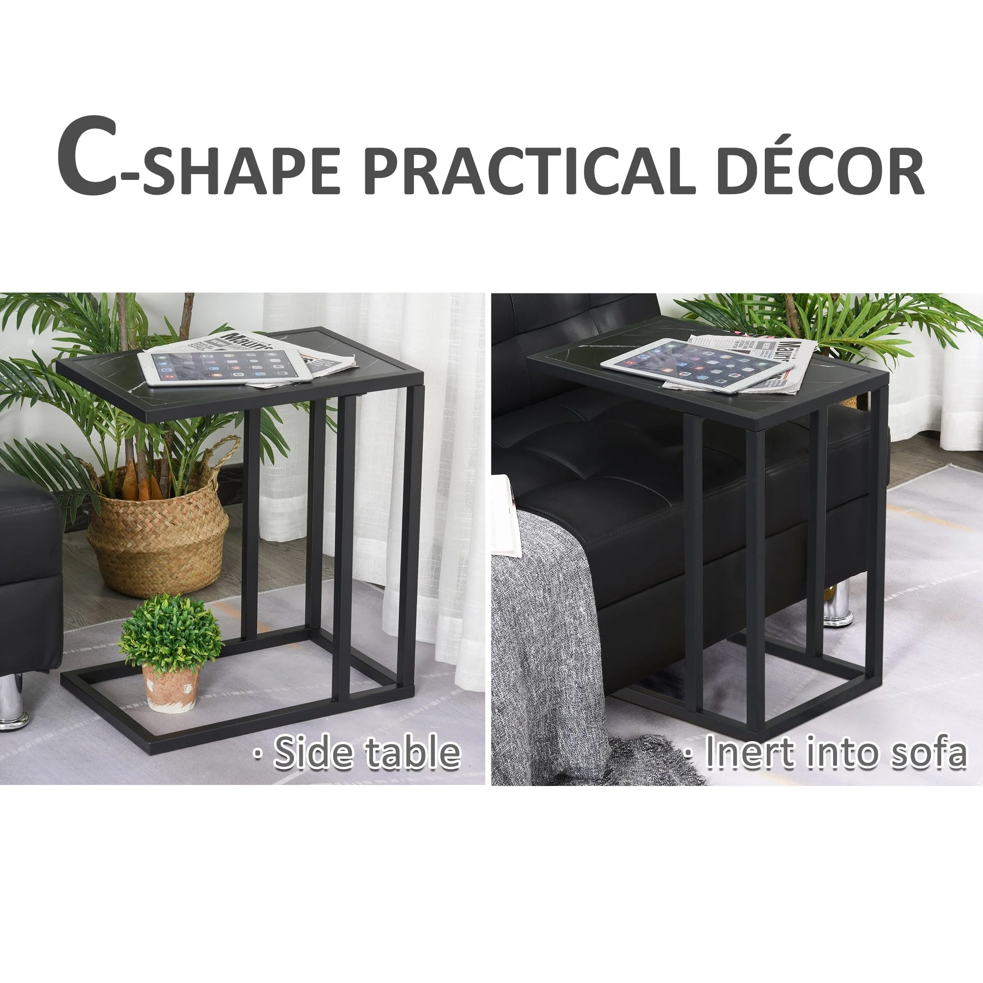 Homcom C Shape End Table W/Metal Frame Marble-Effect Top Sofa Side Table Narrow Snack Coffee Table For Living Room Black - Image 4