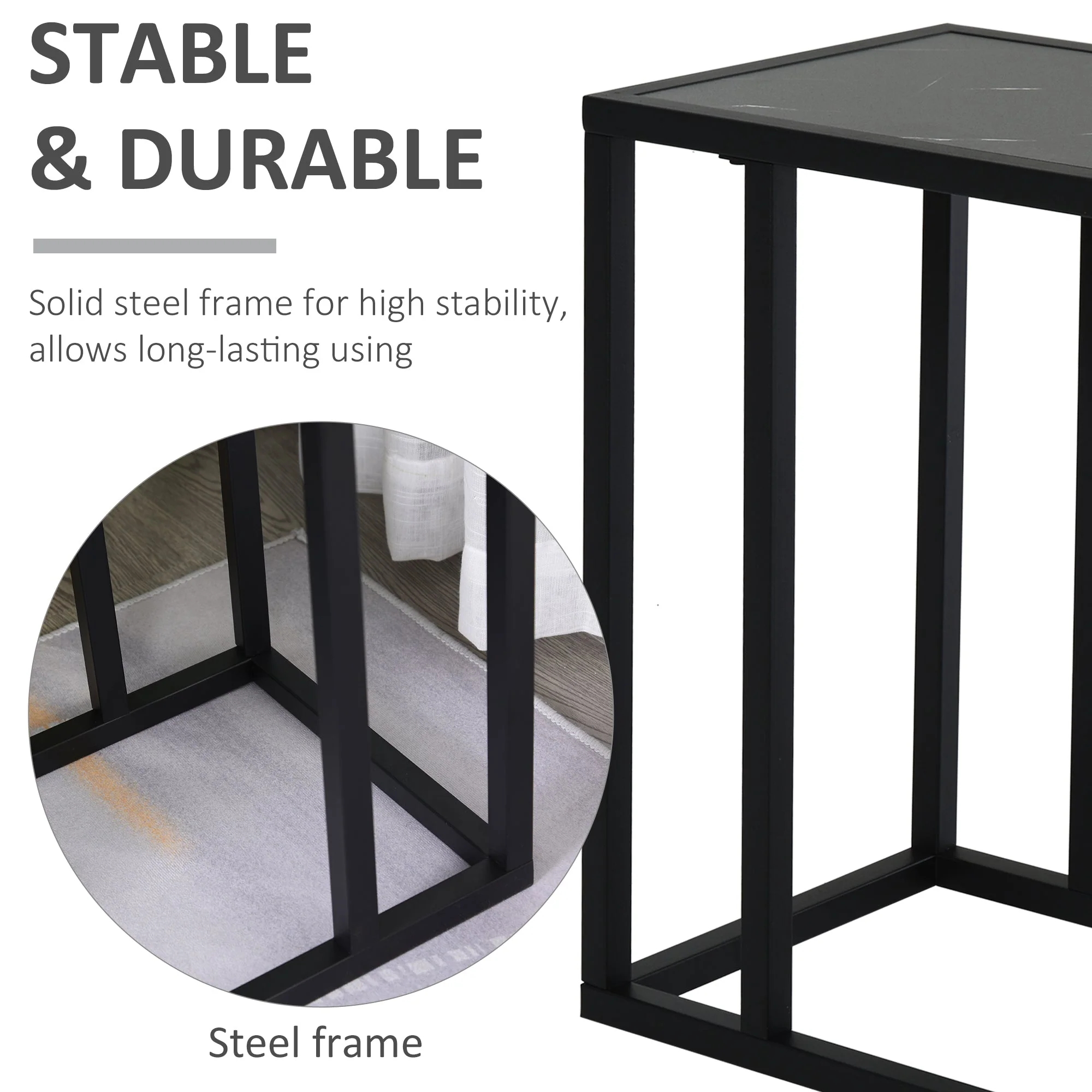 Homcom C Shape End Table W/Metal Frame Marble-Effect Top Sofa Side Table Narrow Snack Coffee Table For Living Room Black - Image 5