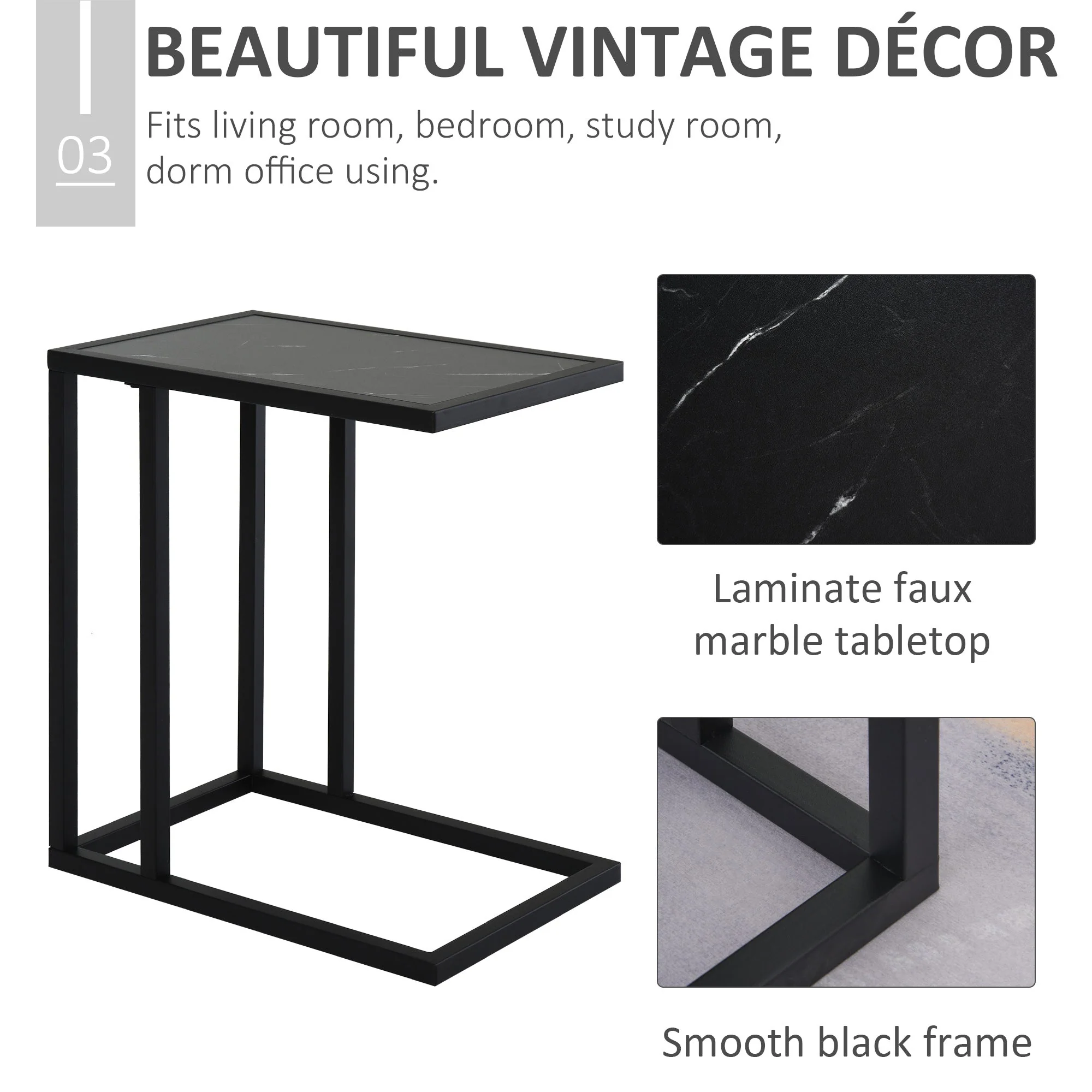 Homcom C Shape End Table W/Metal Frame Marble-Effect Top Sofa Side Table Narrow Snack Coffee Table For Living Room Black - Image 6