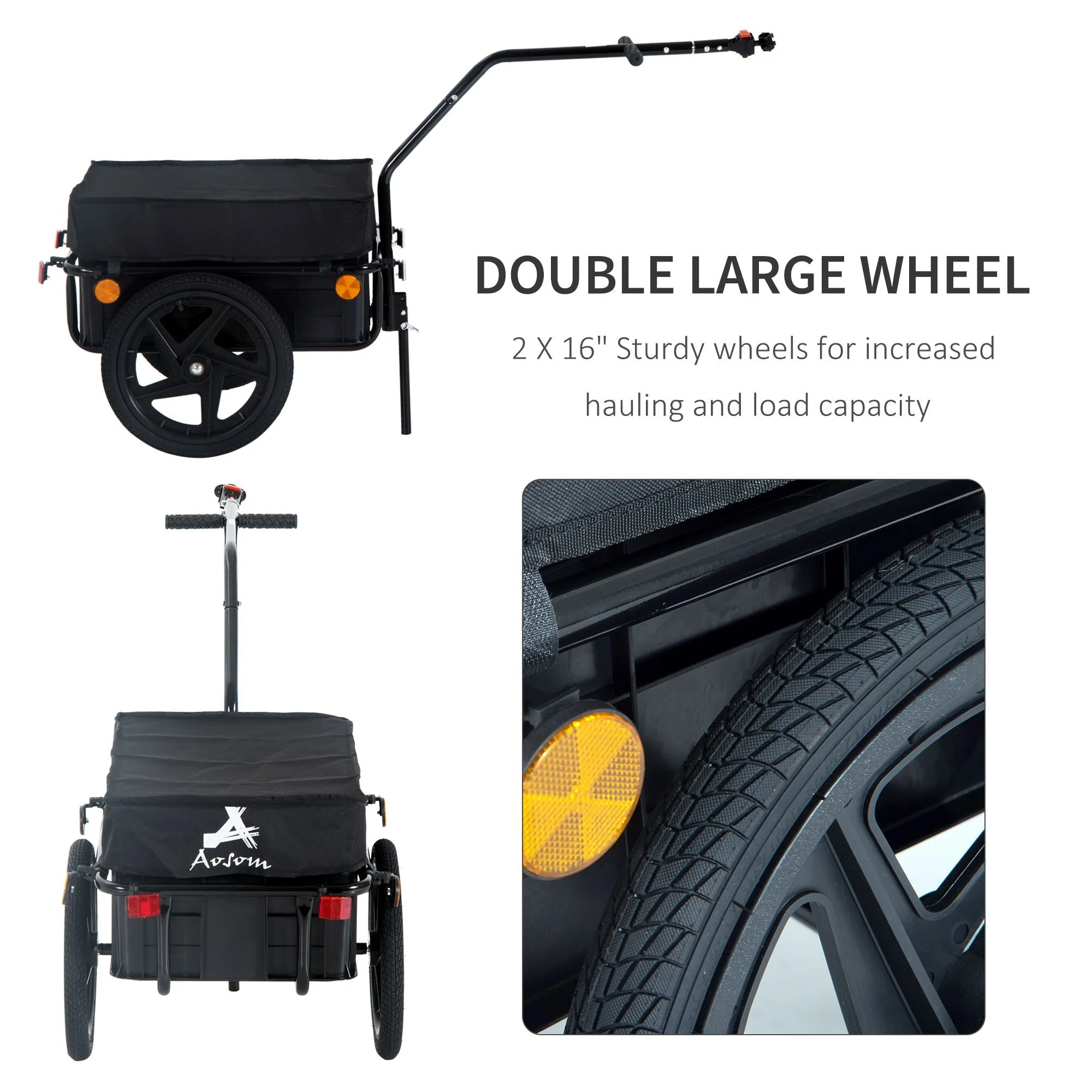Homcom Cargo Trailer Bike Stroller Garden Trolley W/Carrier Utility Luggage & Wheels Black - Image 4