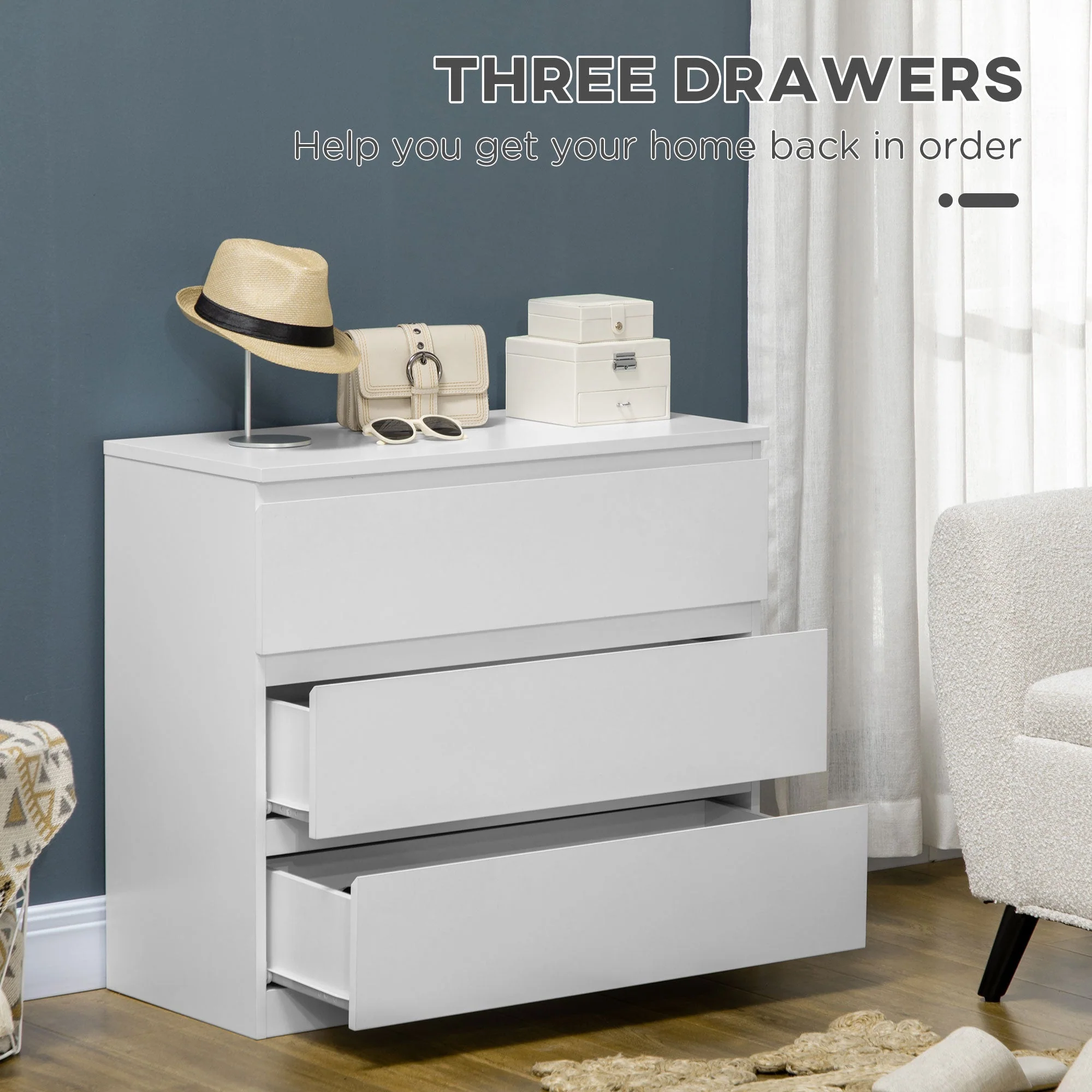 Homcom Chest Of Drawers 3-Drawer Storage Organiser Unit For Bedroom Living Room White - Image 5