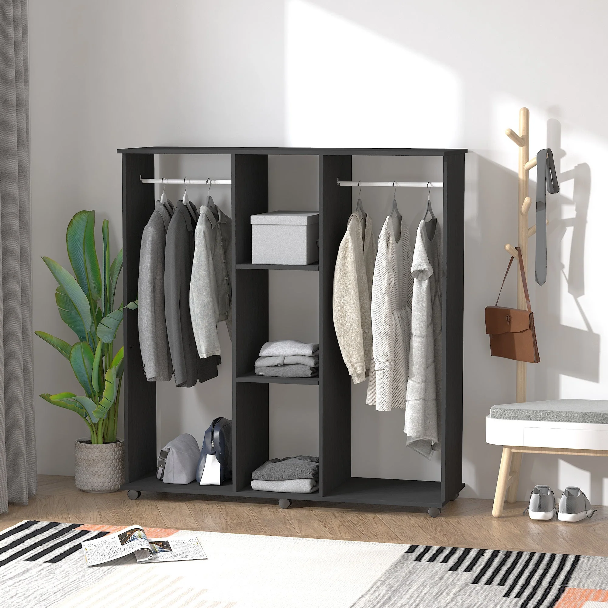 Homcom Double Mobile Open Wardrobe With Clothes Hanging Rails Storage Shelves Organizer Bedroom Furniture - Black - Image 7