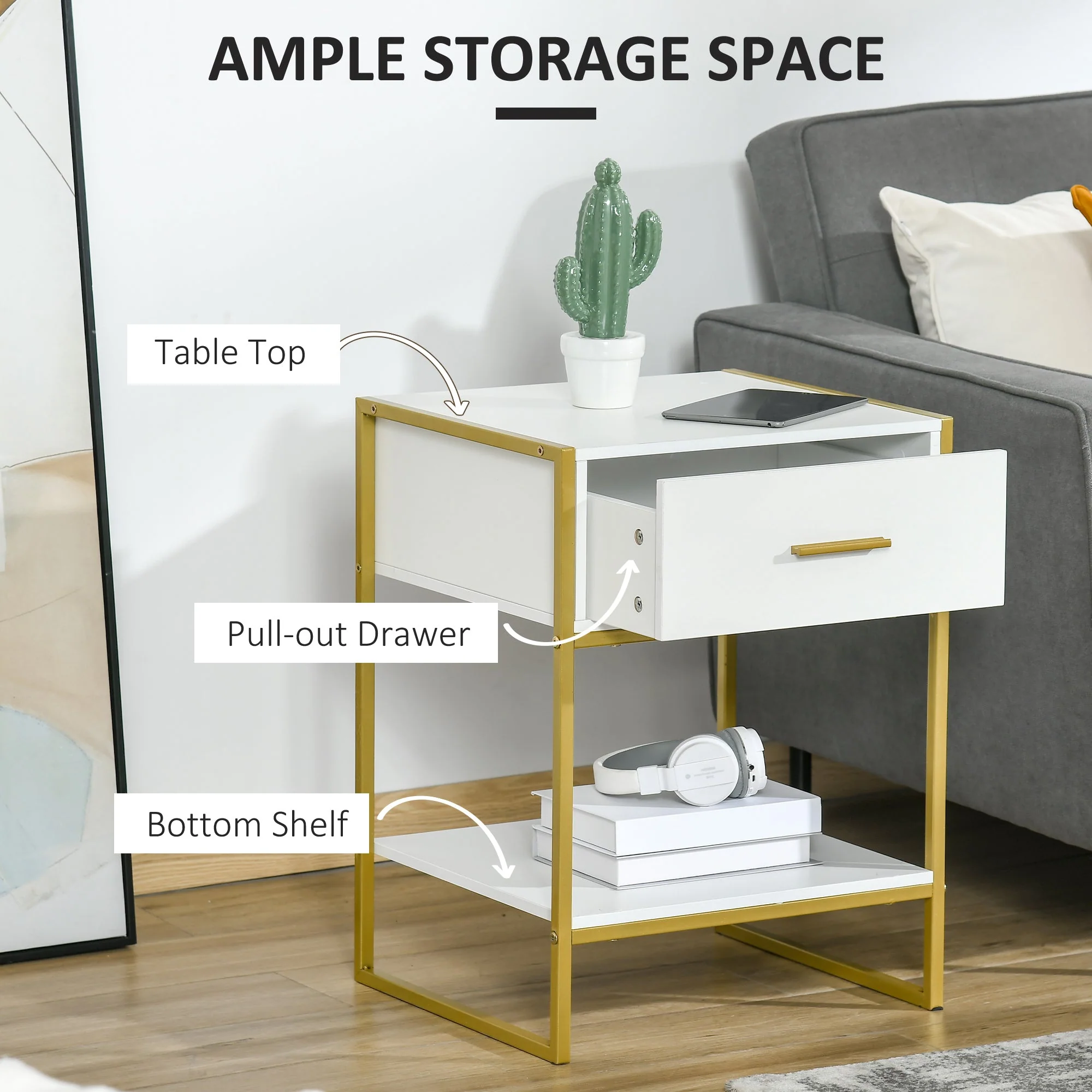 Homcom Elegant Gold-Tone Metal Frame Side Table With Drawer - Image 5