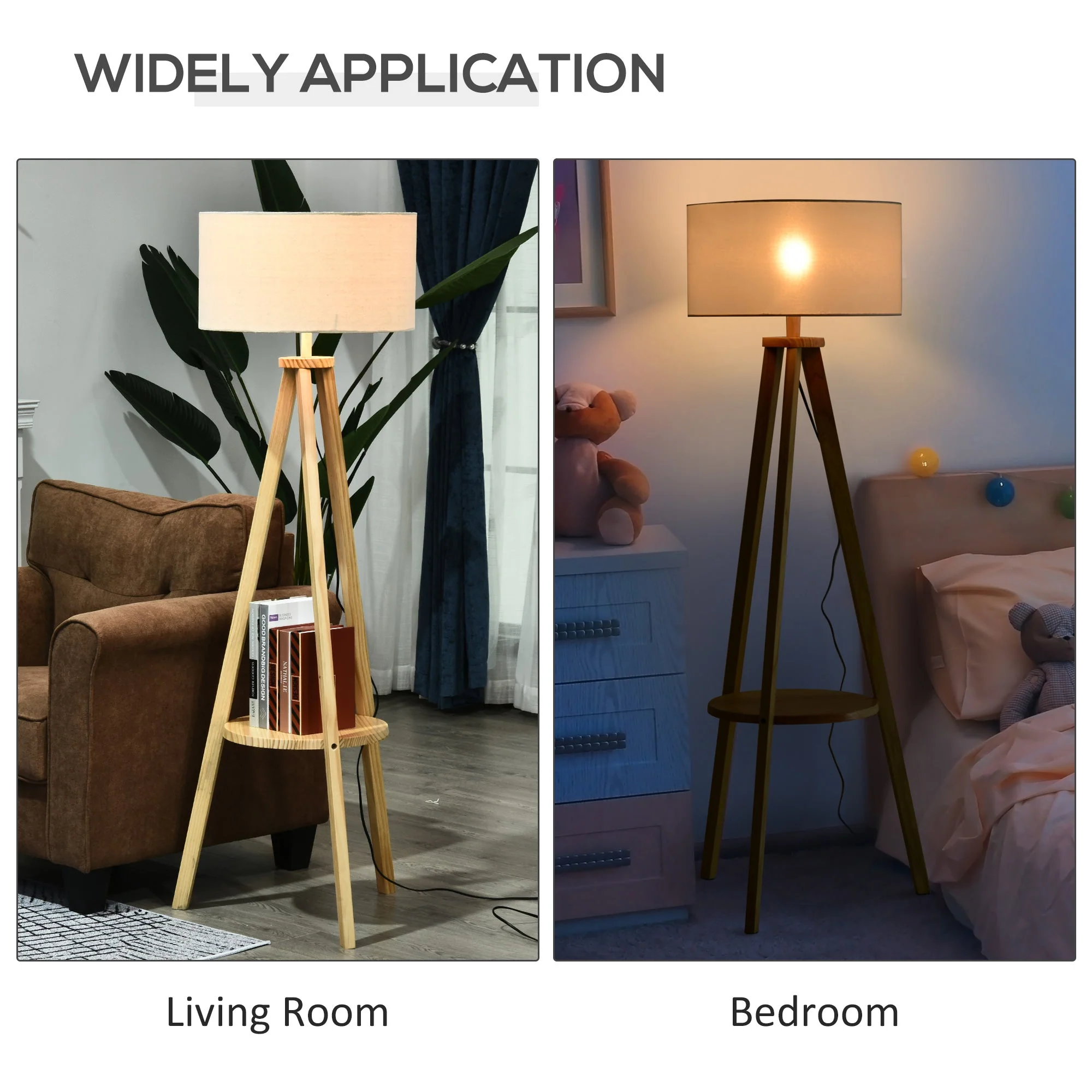Homcom Free Standing Tripod Floor Lamp Bedside Light Reading Light With Storage Shelf Linen Shade For Living Room Bedroom - Image 6