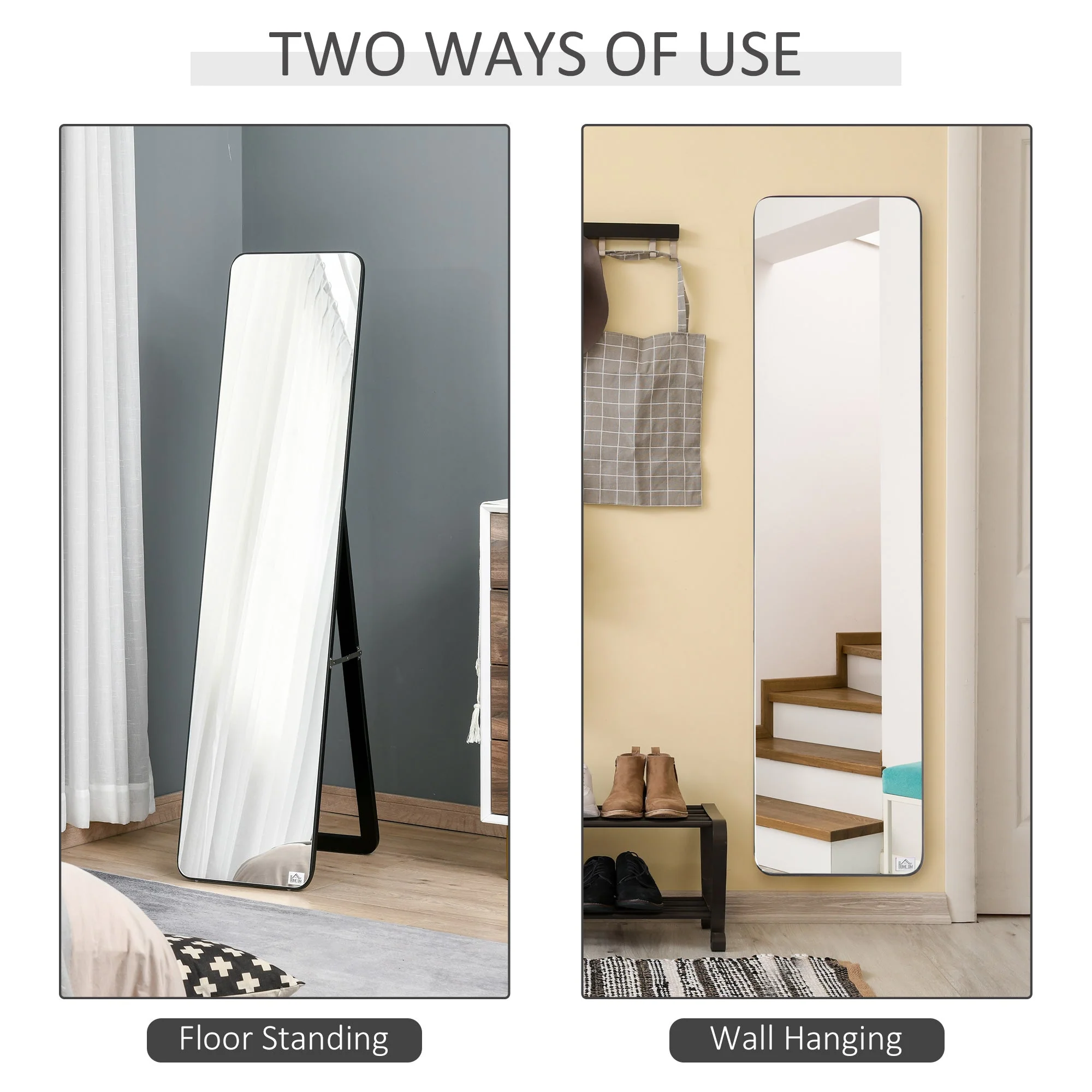 Homcom Full Length Mirror Floor Standing or Wall Mount Dressing Mirror Bedroom Black - Image 4