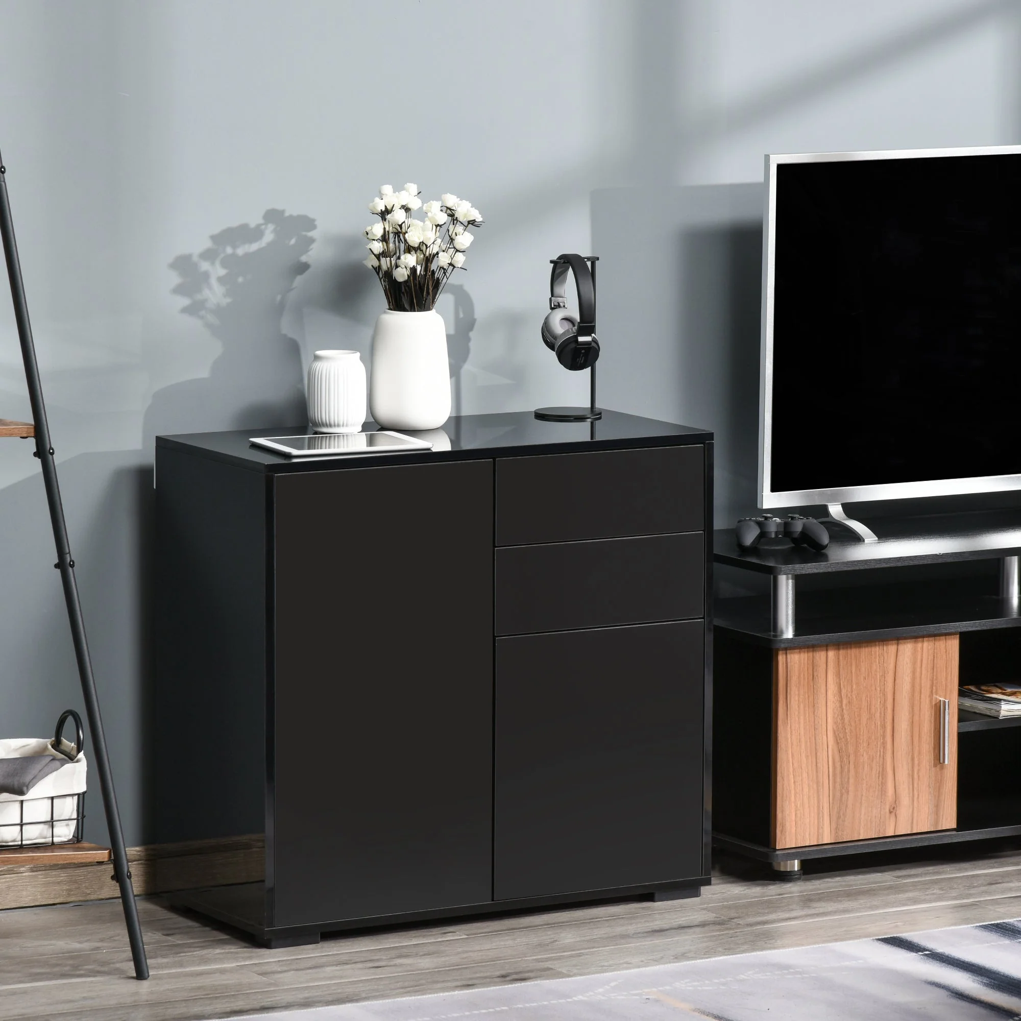 Homcom High Gloss Frame Sideboard Side Cabinet Push-Open Design With 2 Drawer For Living Room Bedroom Black - Image 9