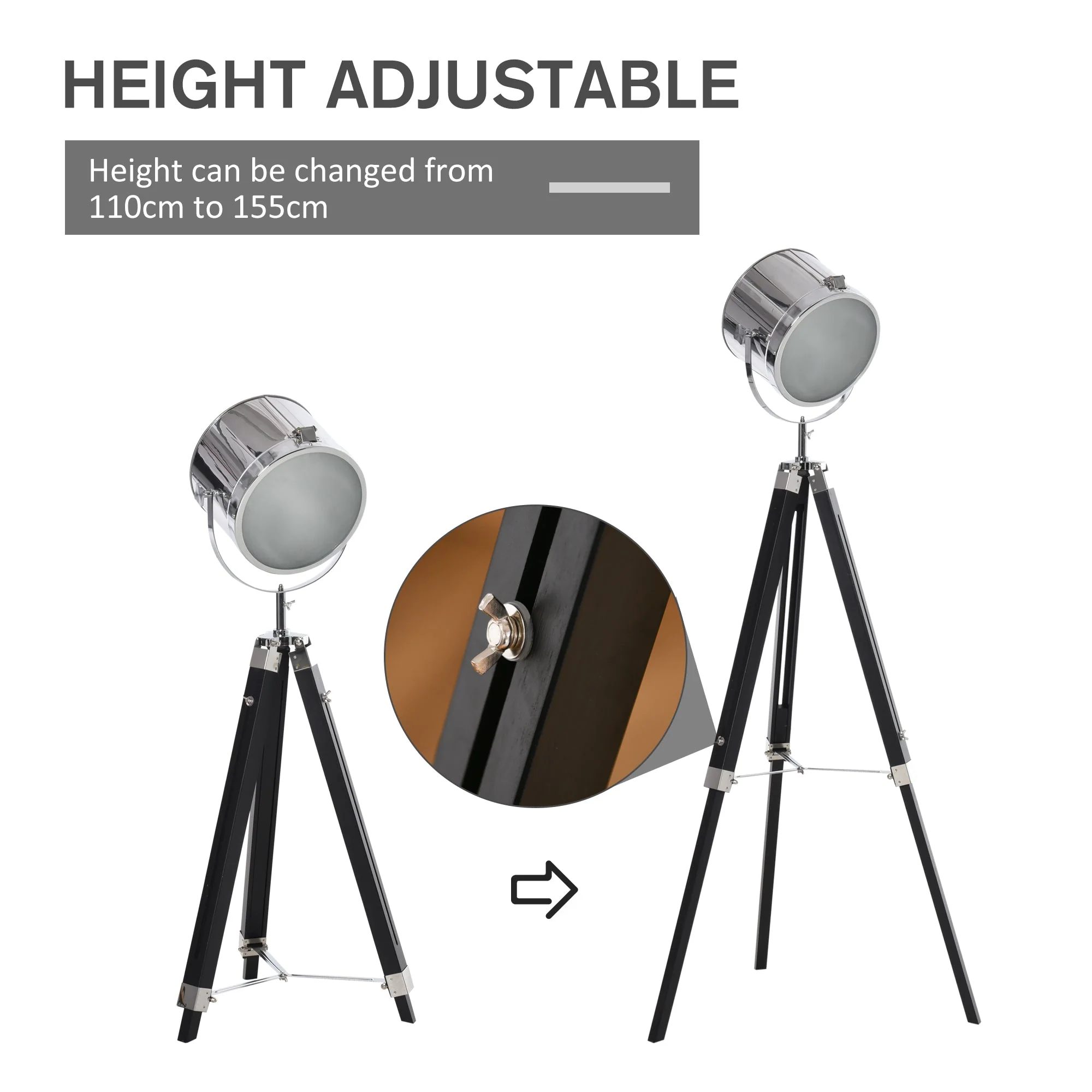 Homcom Industrial Style Adjustable Tripod Floor Lamp Searchlight Reading Lamp - Image 4
