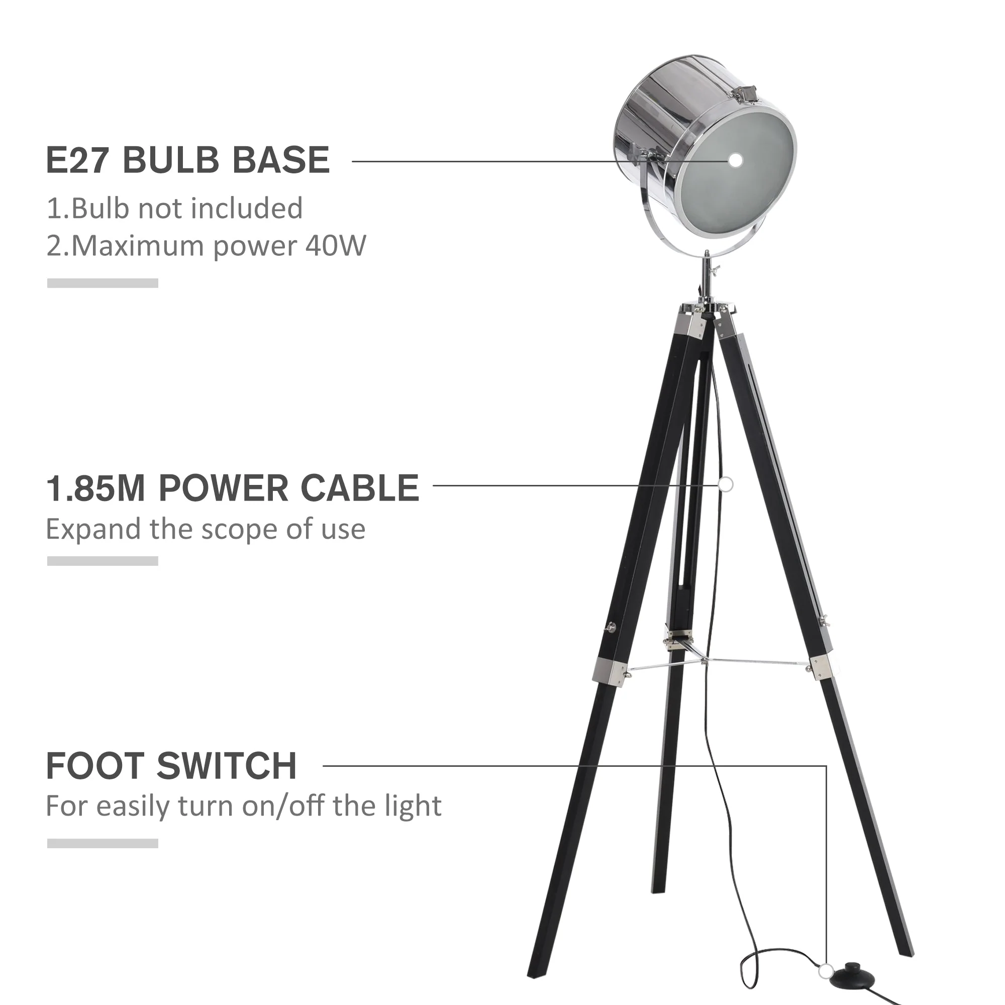 Homcom Industrial Style Adjustable Tripod Floor Lamp Searchlight Reading Lamp - Image 6