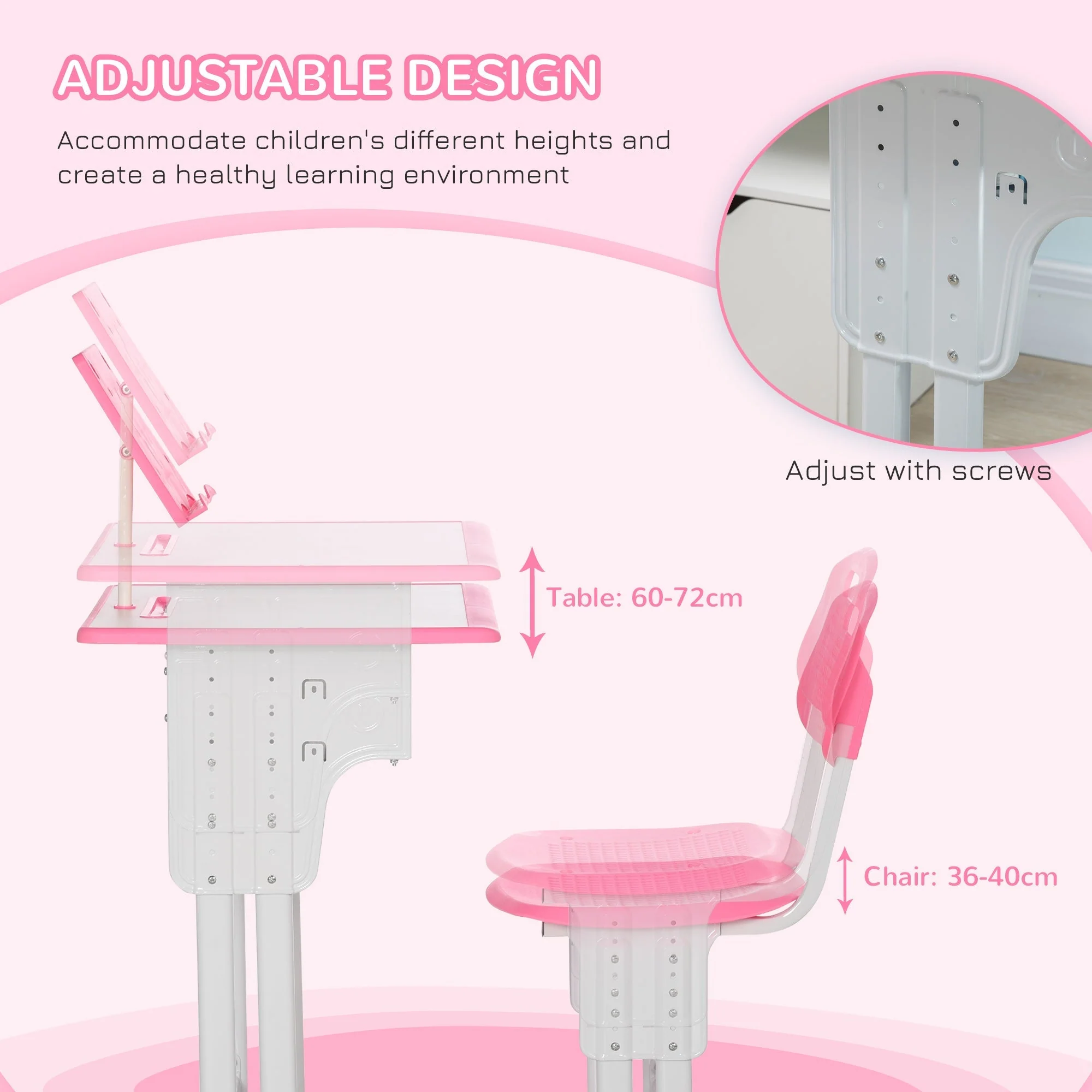 Homcom Kids Adjustable Desk And Chair Set Book Stand Pen Slot - Pink - Image 6