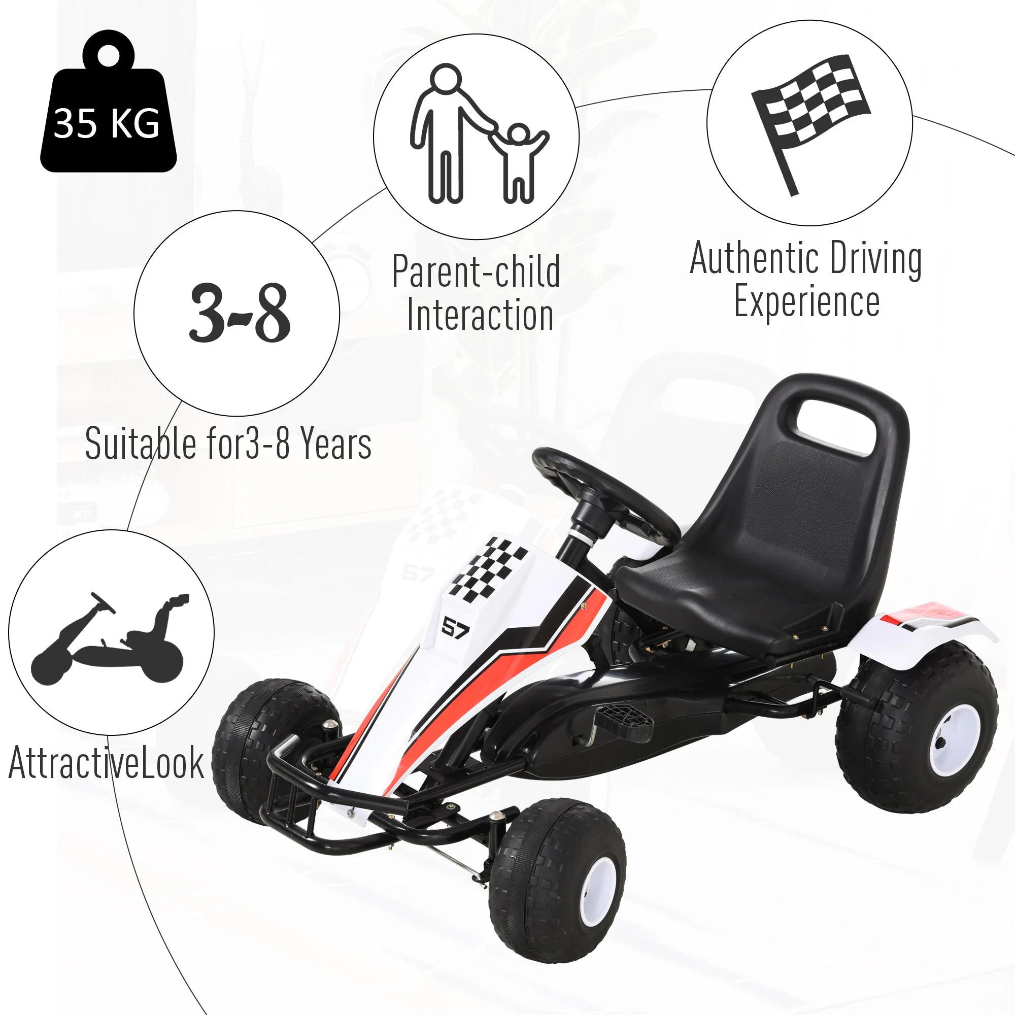 Homcom Kids Adjustable Seat PP Pedal Go-Kart White/Red - Image 8