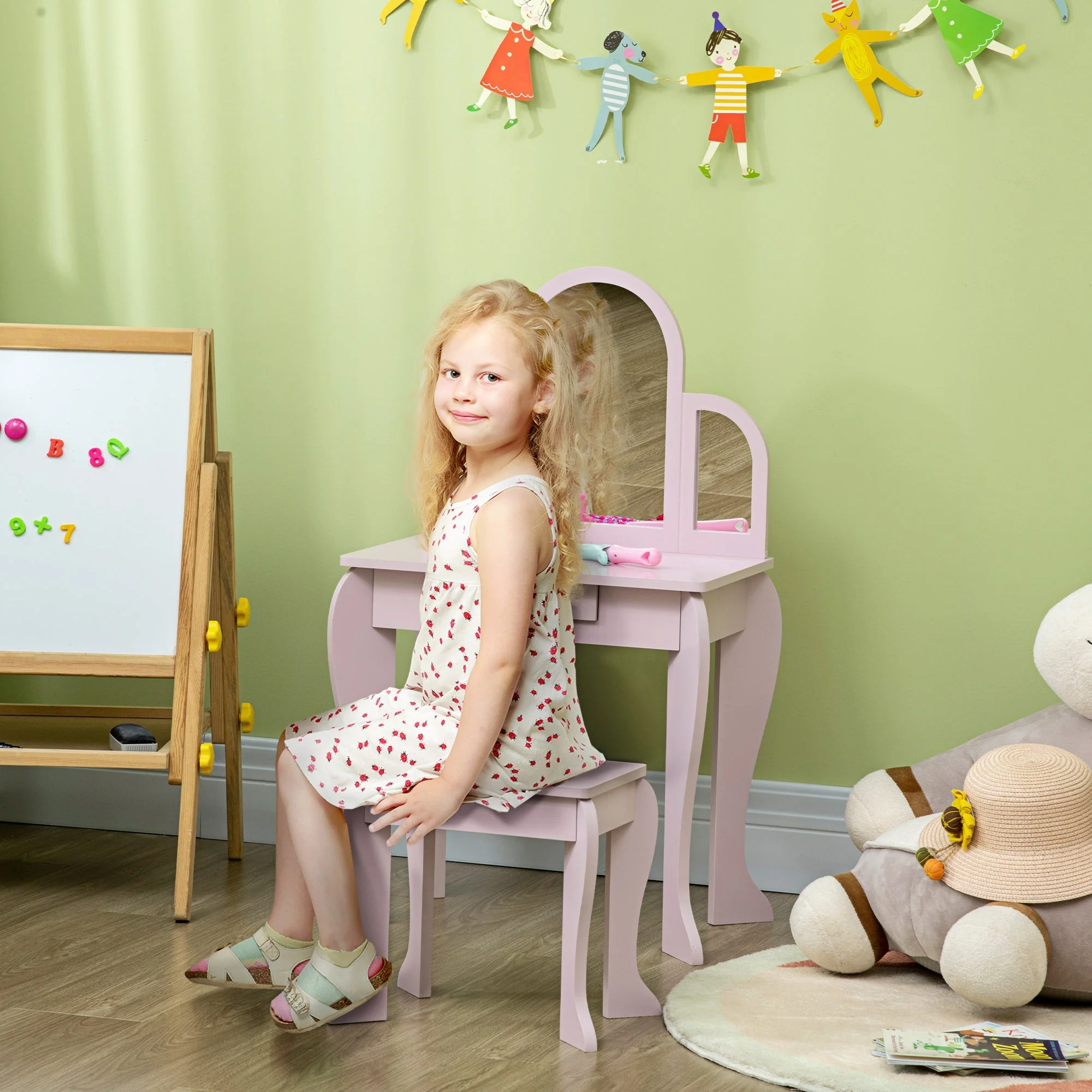 Homcom Kids Dressing Table Set With Mirror And Drawer - Pink - Image 2