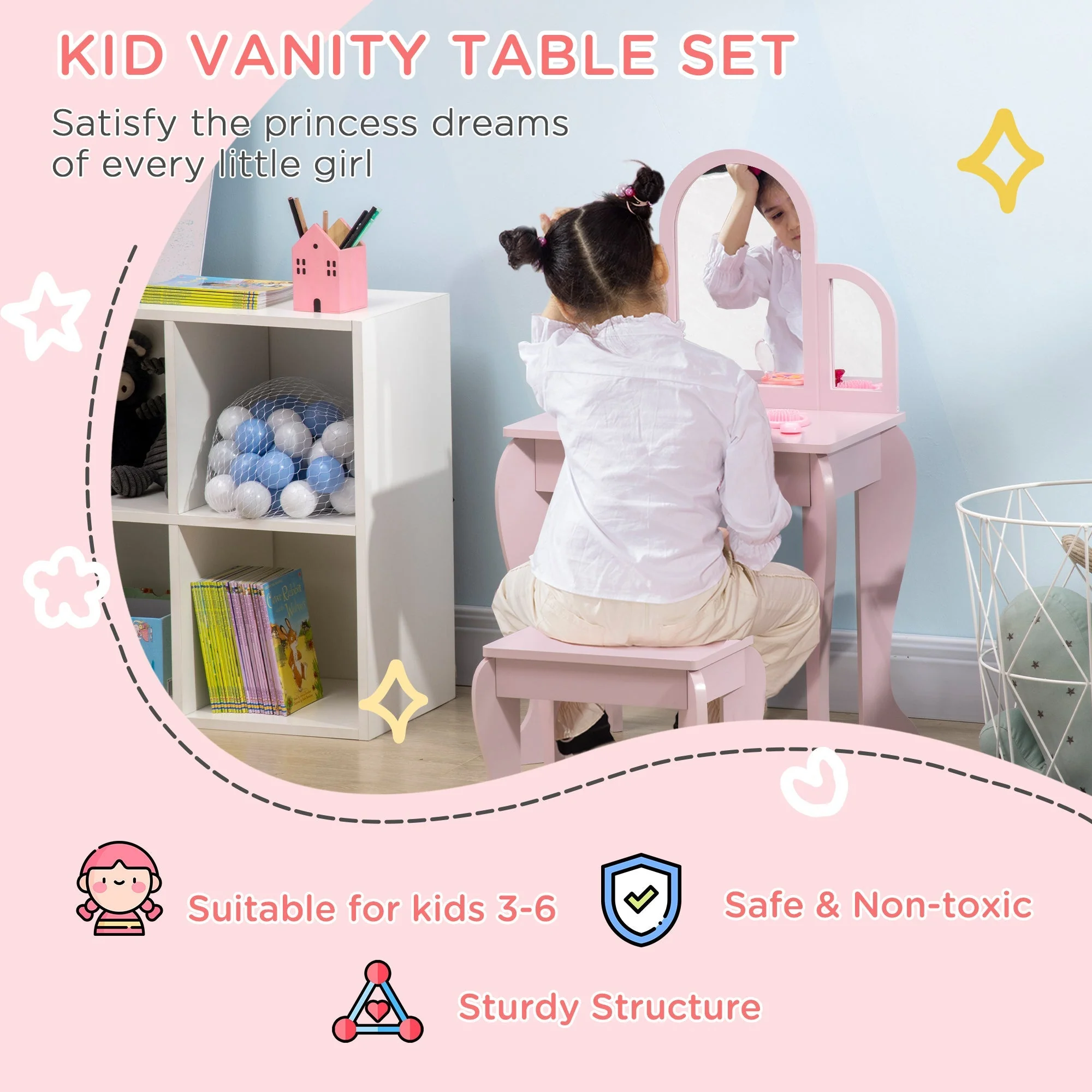 Homcom Kids Dressing Table Set With Mirror And Drawer - Pink - Image 4