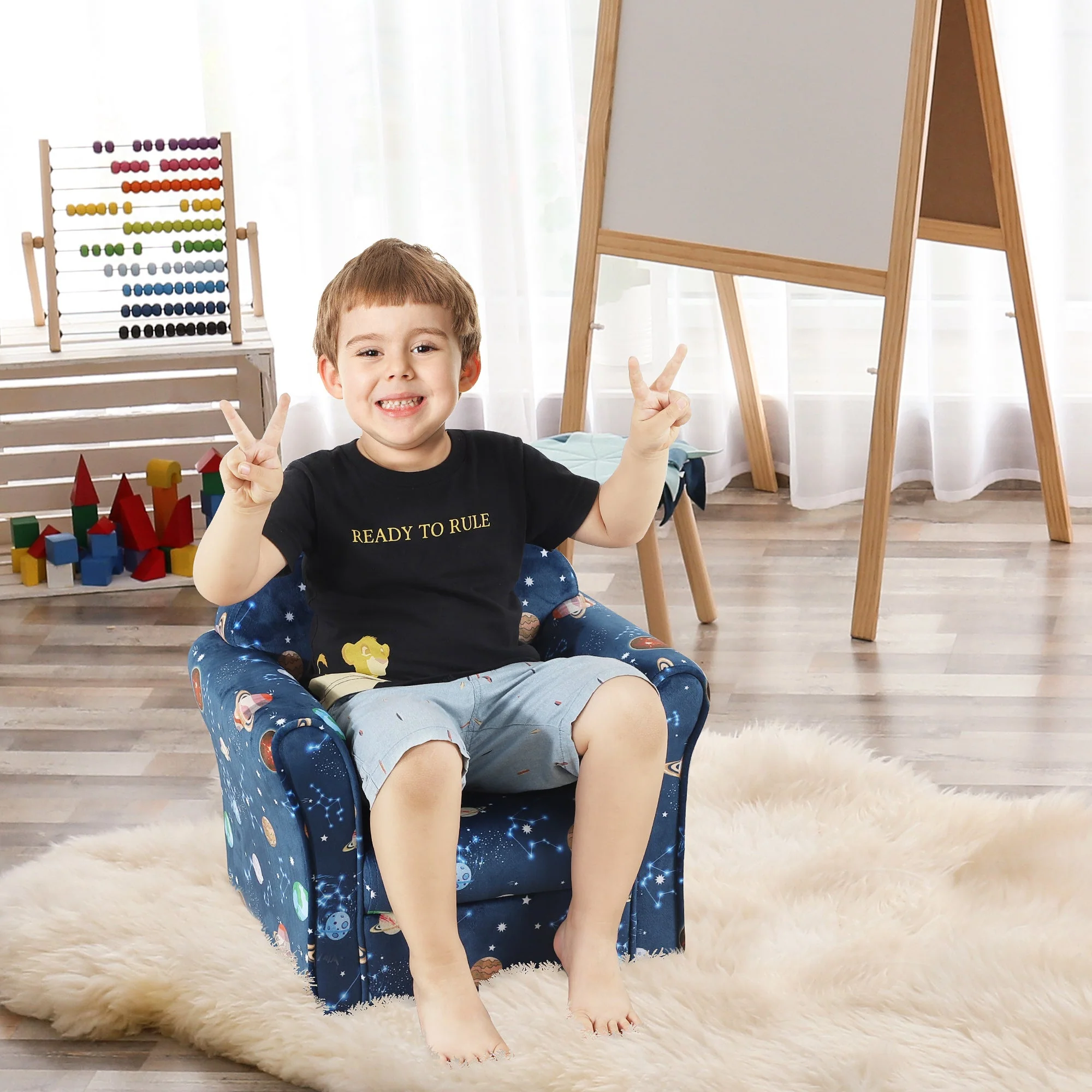 Homcom Kids Planet-Themed Armchair With Non-Slip Feet Wooden Frame - Blue - Image 2