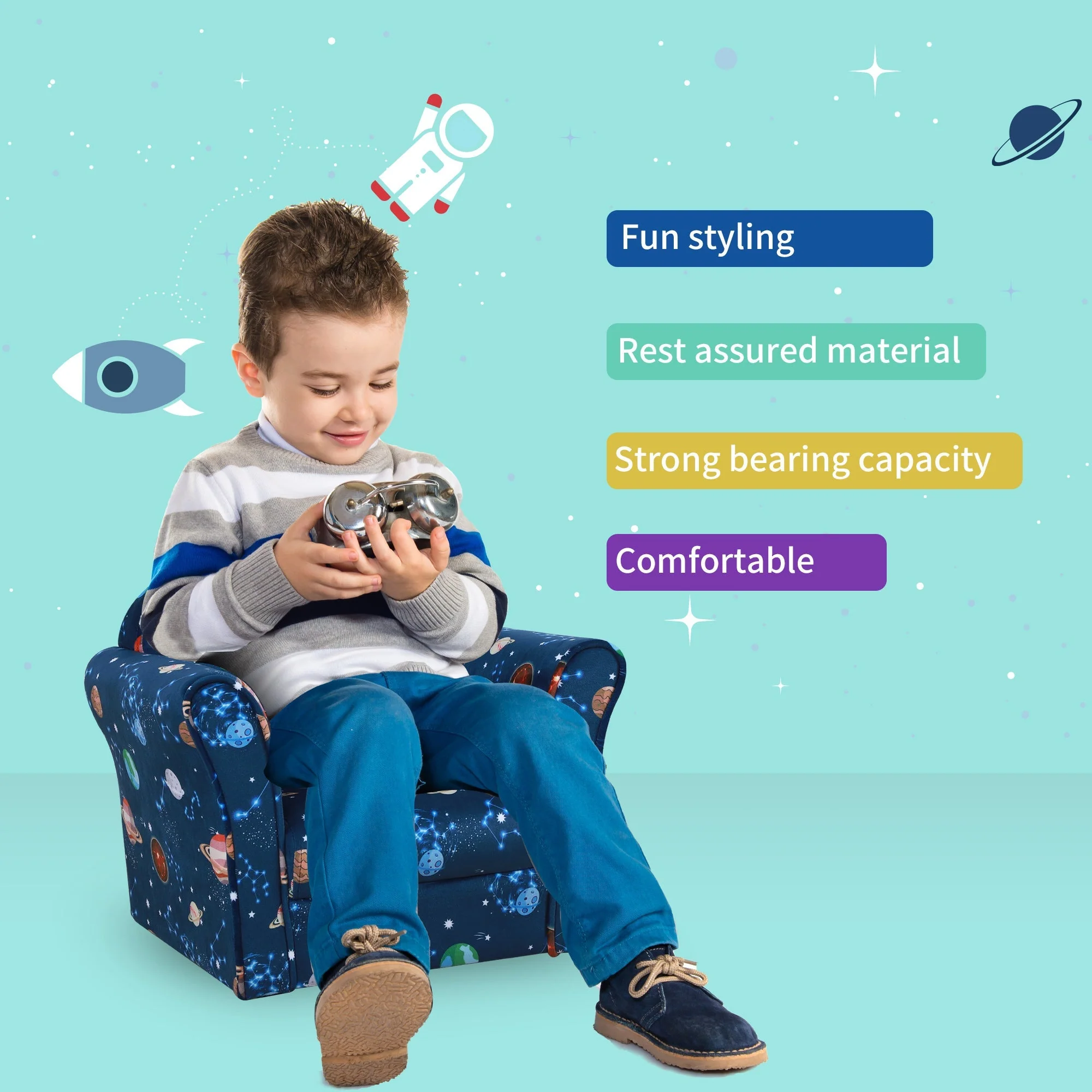 Homcom Kids Planet-Themed Armchair With Non-Slip Feet Wooden Frame - Blue - Image 5