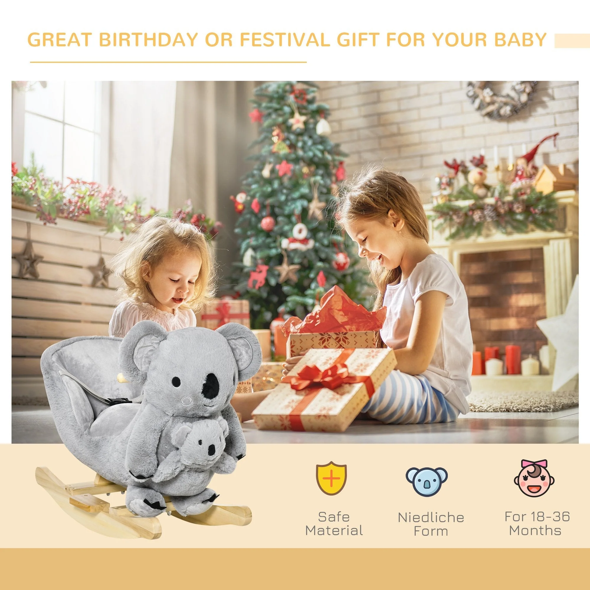 Homcom Kids Plush Ride-On Rocking Horse Koala-Shaped Toy Rocker With Gloved Doll Grey - Image 3