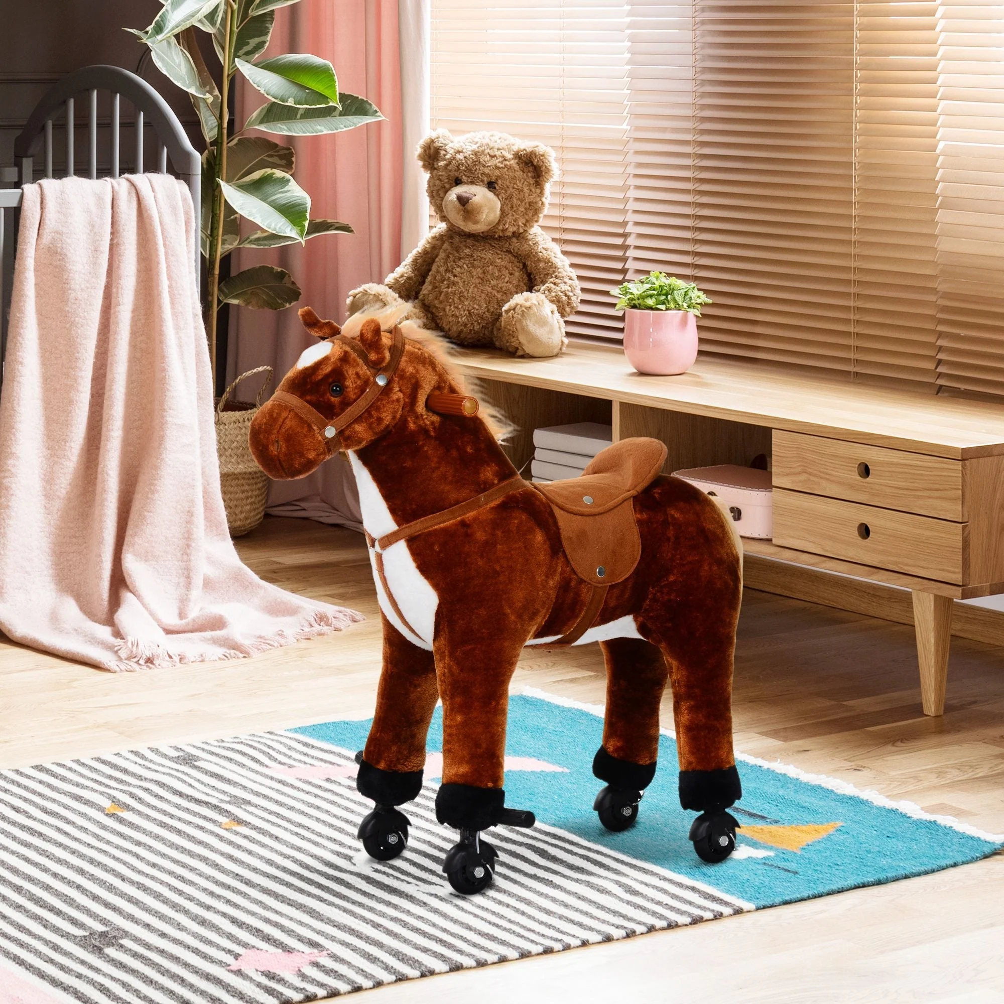 Homcom Kids Plush Ride On Walking Horse Withsound-Brown - Image 2