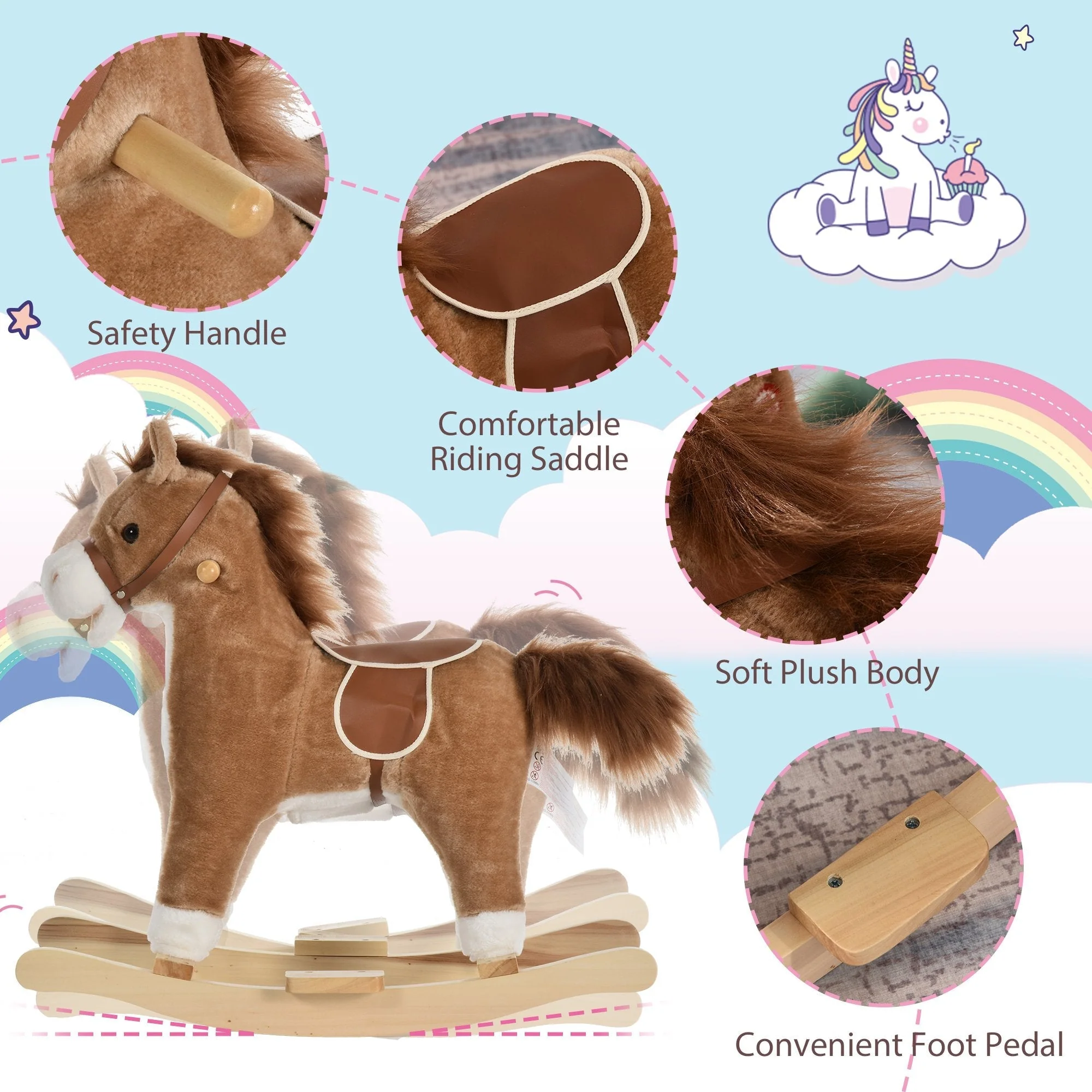 Homcom Kids Ride On Plush Rocking Horse With Sound Brown - Image 4