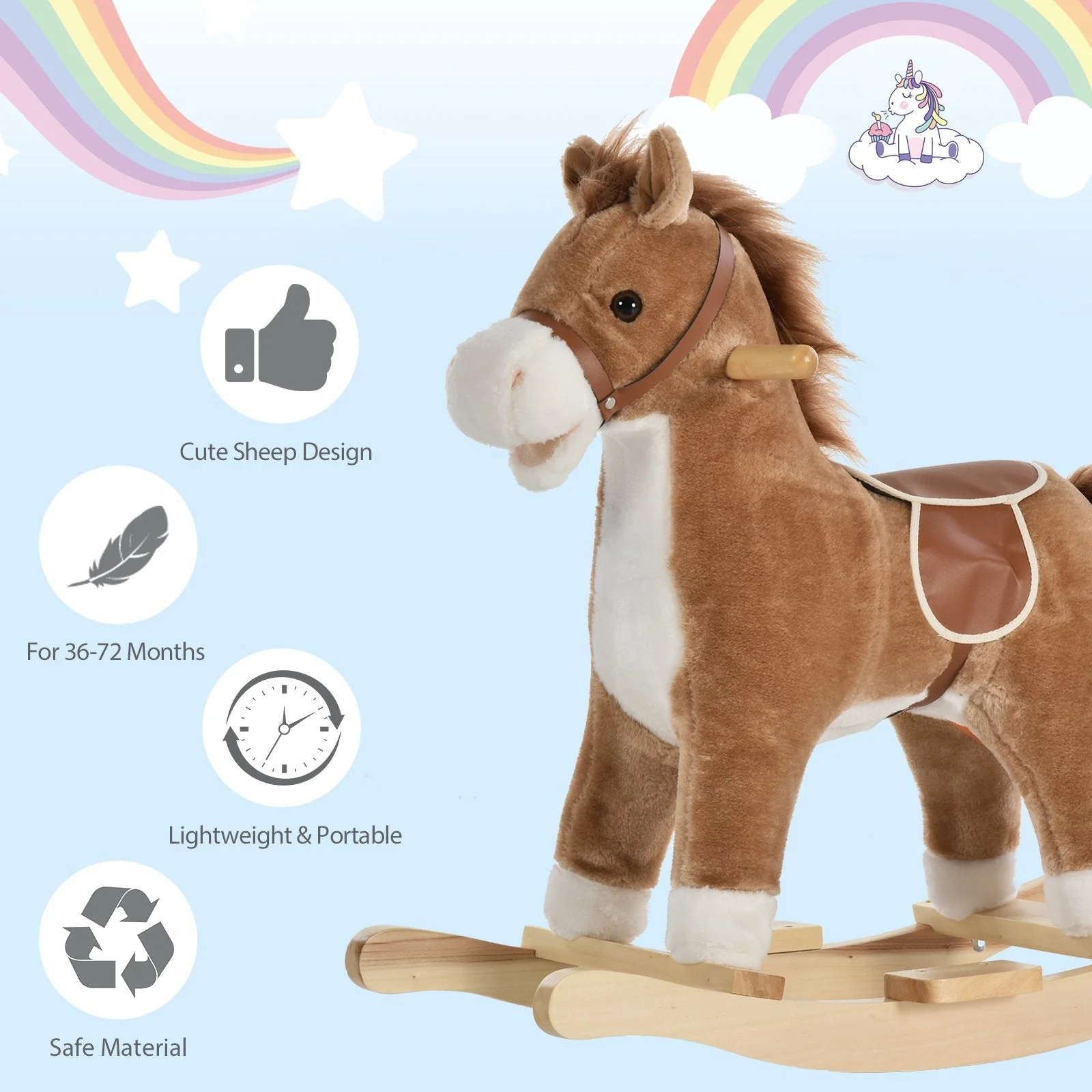 Homcom Kids Ride On Plush Rocking Horse With Sound Brown - Image 7